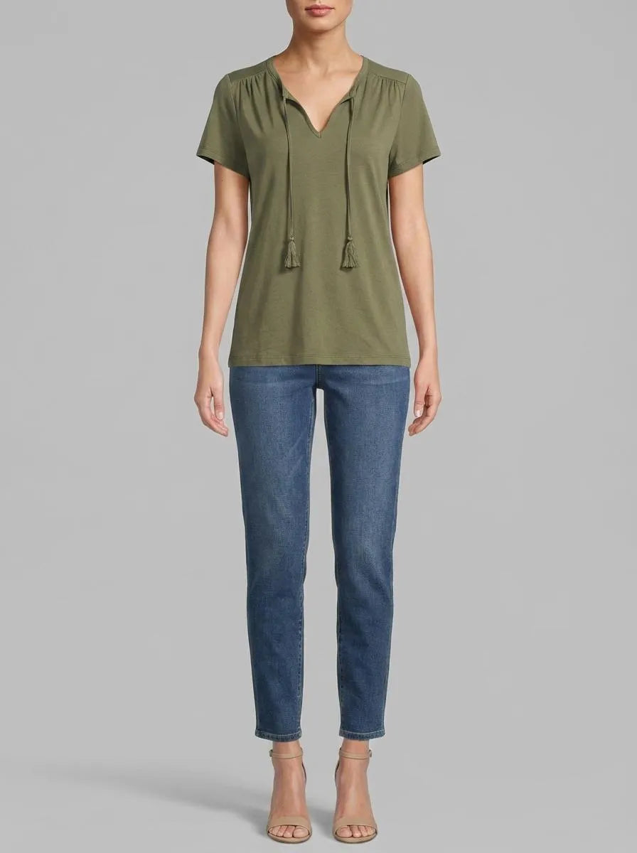 Women Secret_Dark Khaki_Green Cotton Ruched Short Sleeve T-Shirt_3273278_91_00