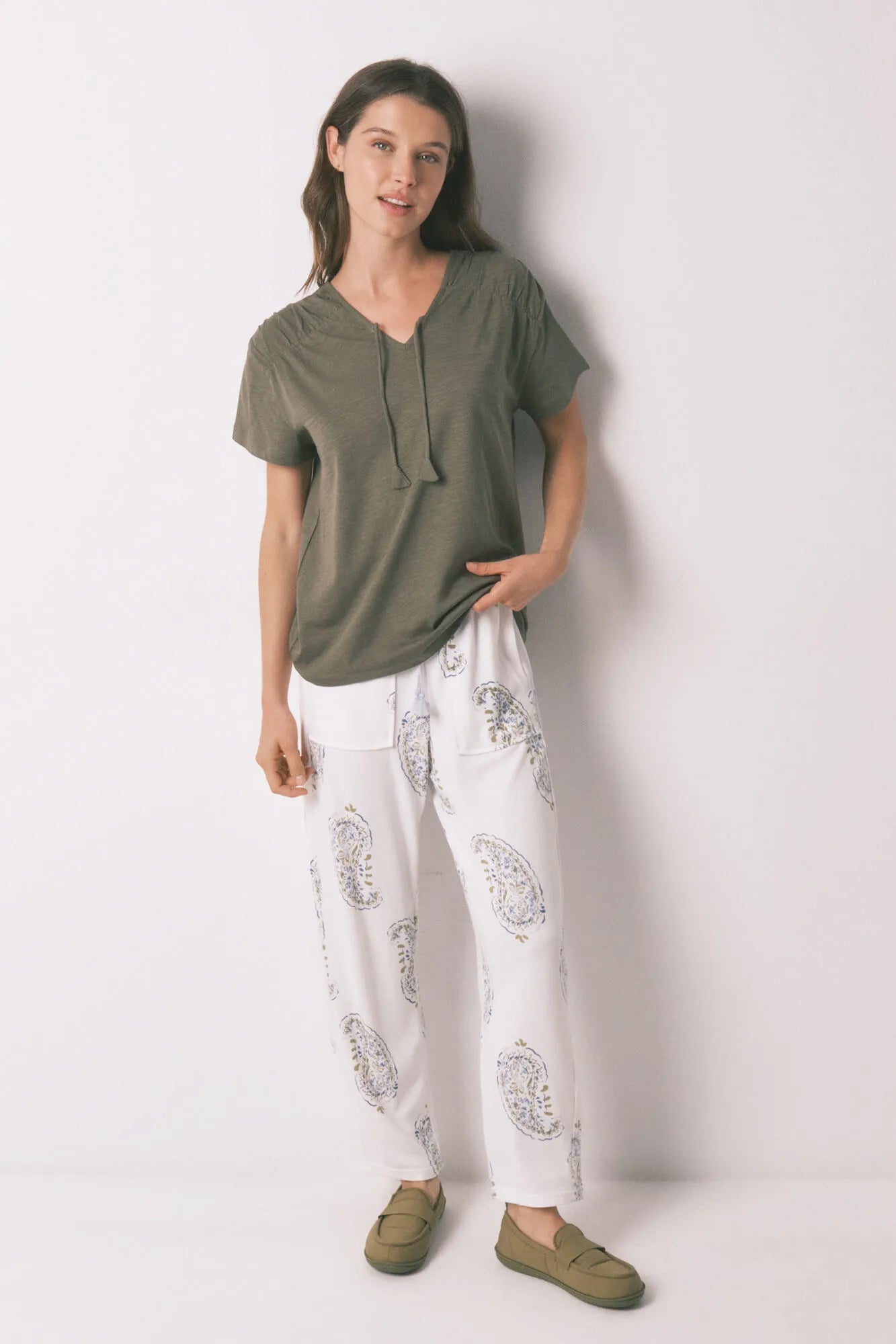 Women Secret_Dark Khaki_Green Cotton Ruched Short Sleeve T-Shirt_3273278_91_05