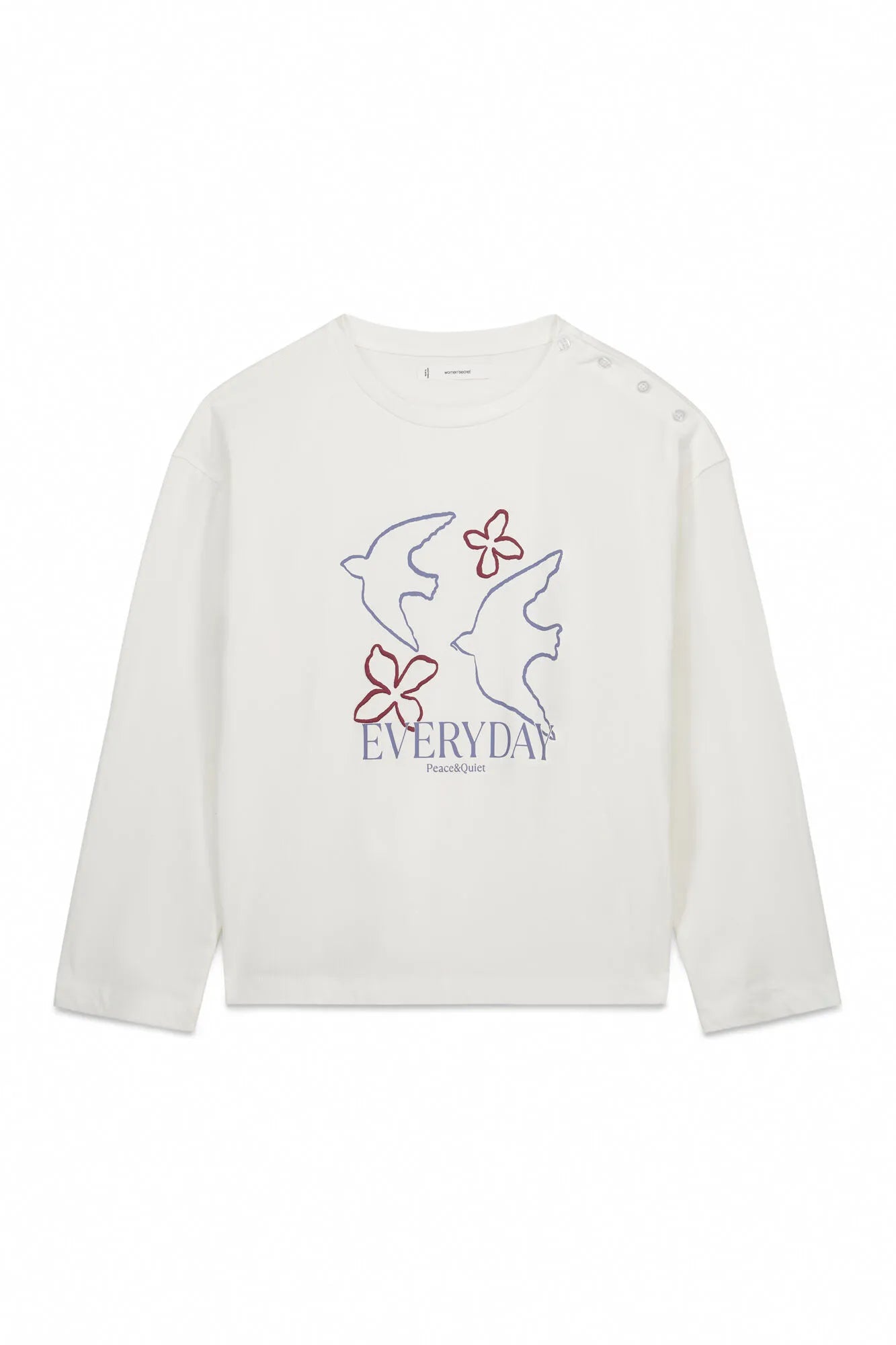 Women Secret Ivory Women White 100% Cotton 3/4 Sleeve T-Shirt SKU: 3273283_96 Image 05