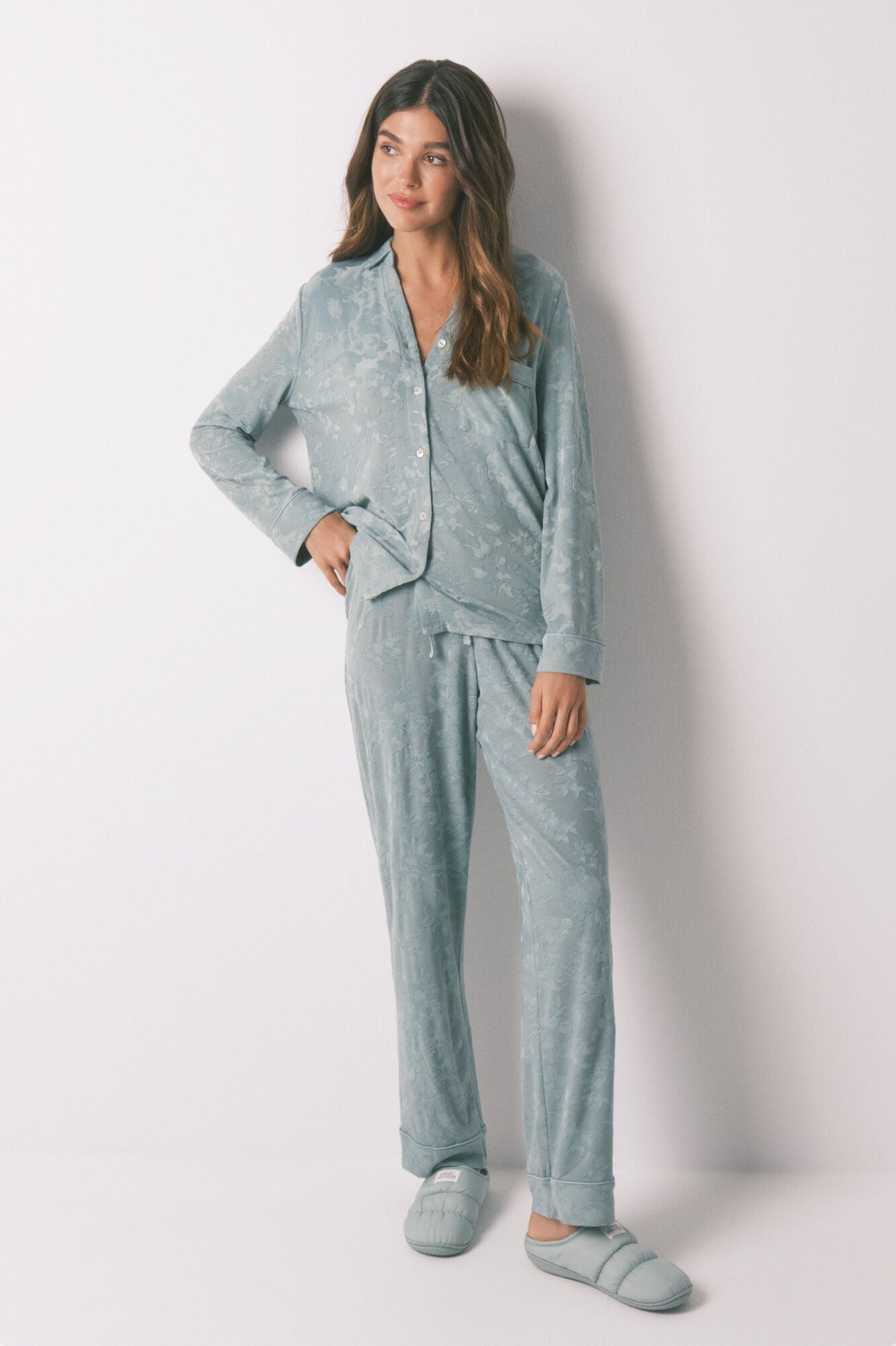 Women Secret_Green_Long Green Floral Jacquard Classic Pyjamas_3592430_22_03