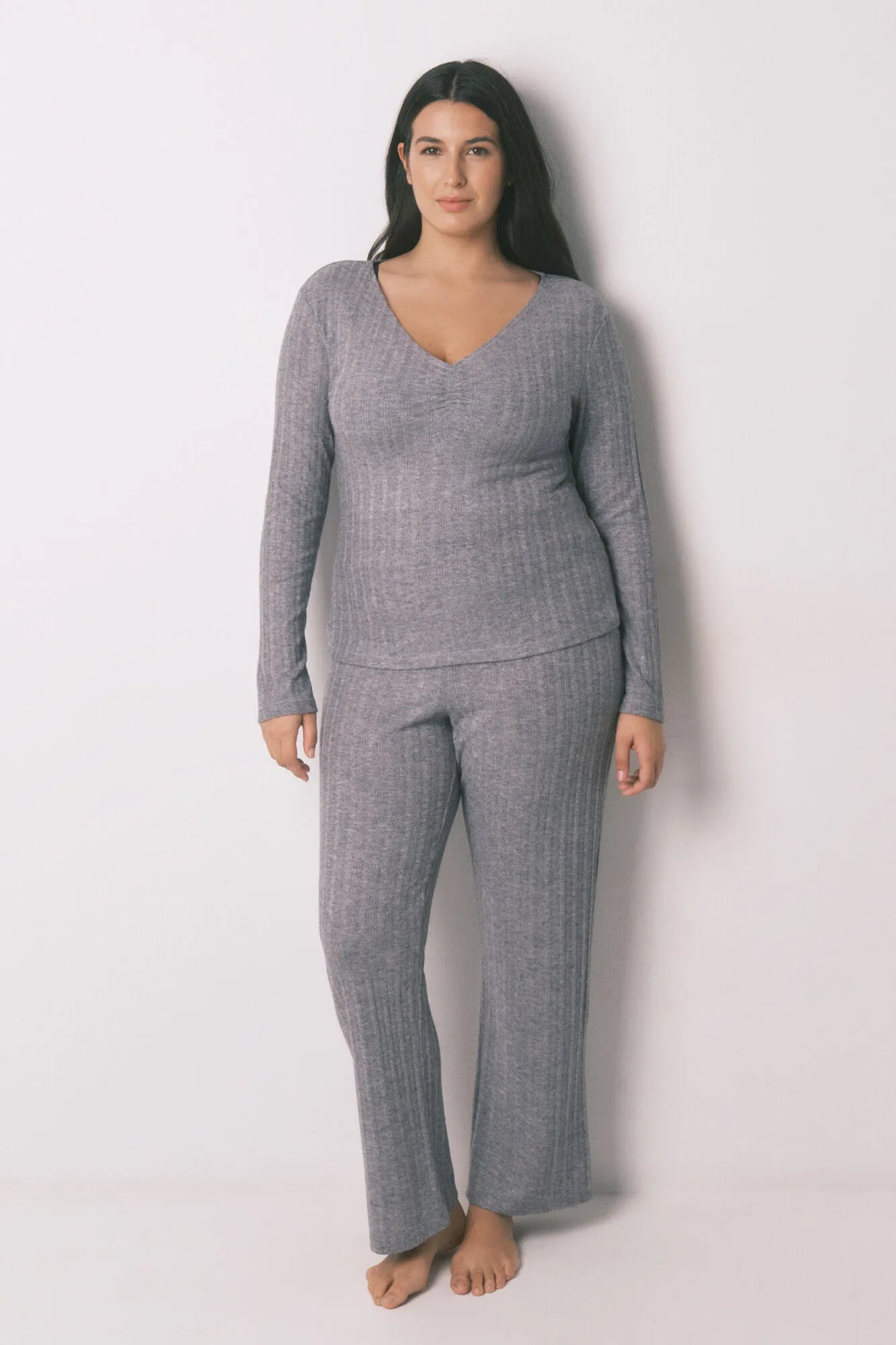 Women Secret_Dark Grey_Long Pyjamas Grey Tricot Jersey-Knit Pajamas_3592445_43_01
