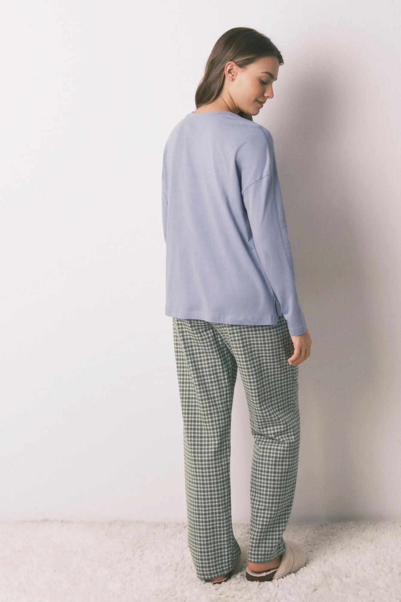 Women Secret_Light Blue_Long Pyjamas with Plaid Trouser_3592478_17_05