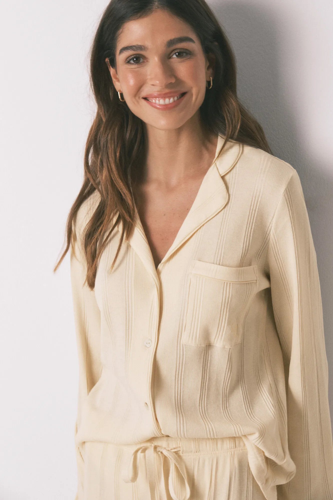 Women Secret_Ivory_Yellow Ribbed Cotton Classic Long Pyjamas_3593003_96_01