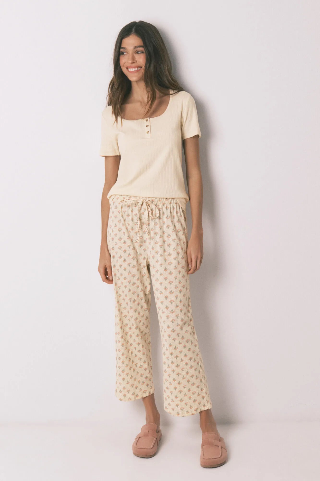 Women Secret_Ivory_Yellow Cotton Floral Print Capri Pyjamas_3593009_96_07