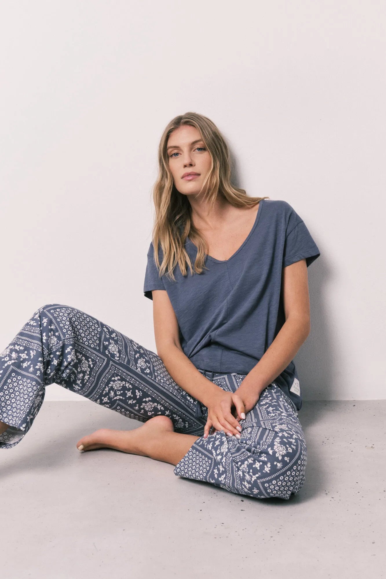 Women Secret Medium Blue Women Blue Bandana Print Cotton Short Sleeve Long Pyjamas SKU: 3593025_13 Image 01