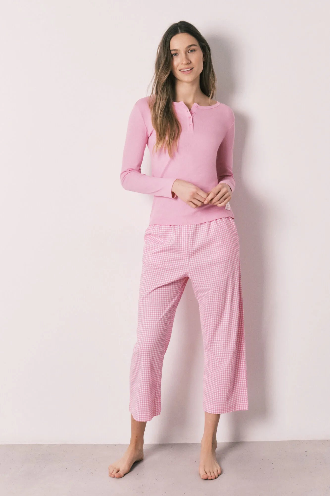 Women Secret Pink Women Pink Cotton Gingham Print Long Pyjamas SKU: 3593037_70 Image 01