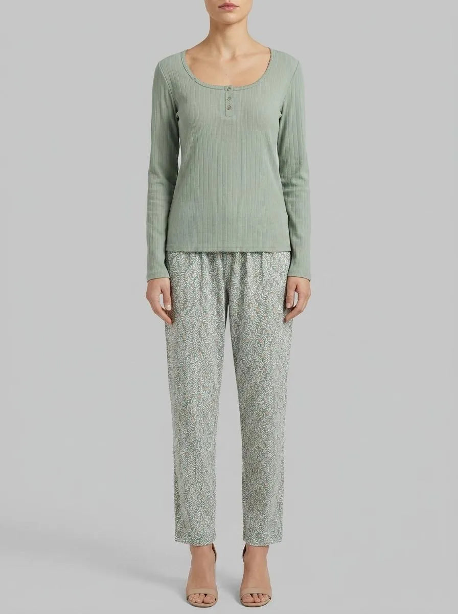 Women Secret_Green_Green Cotton Floral Print Long Pyjamas_3593959_22_00