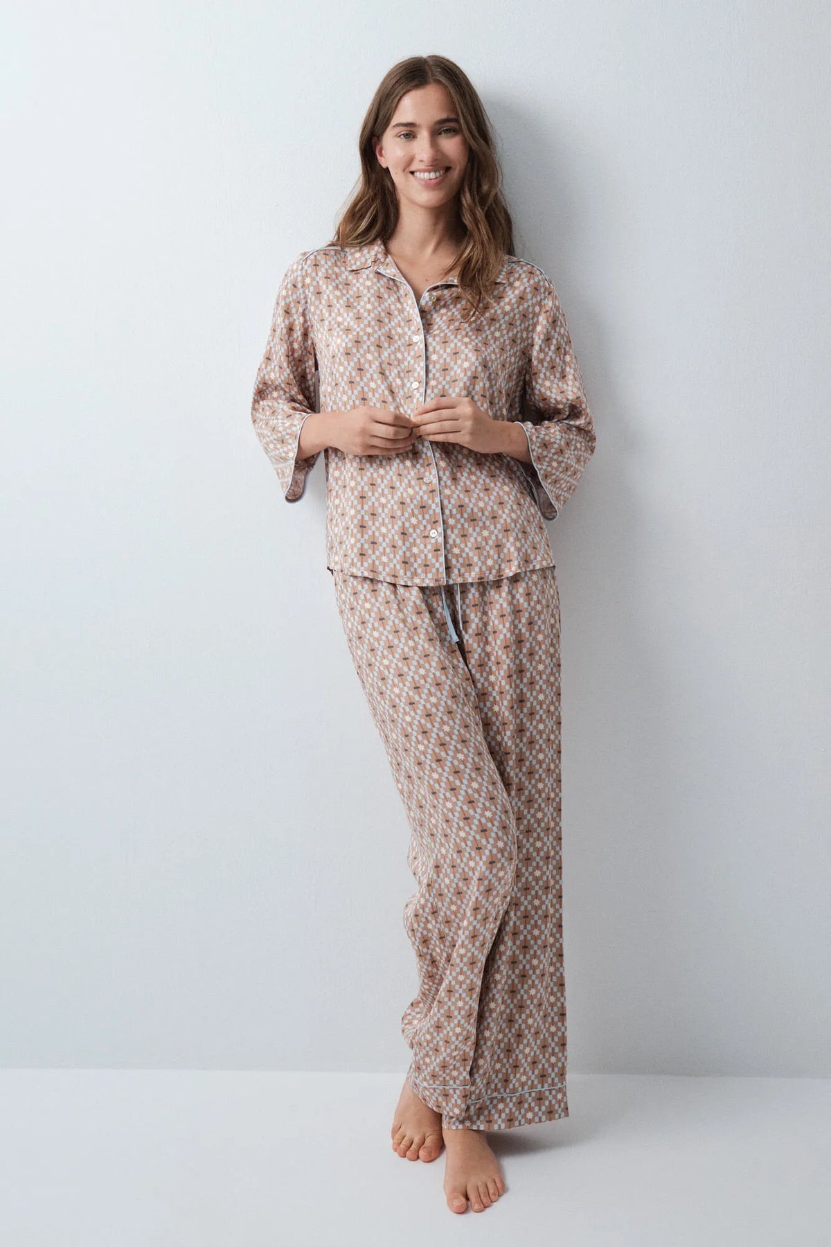Women Secret Beige/Camel Women Geometric Print Satin Classic Long Pyjamas SKU: 3594724_55 Image 03
