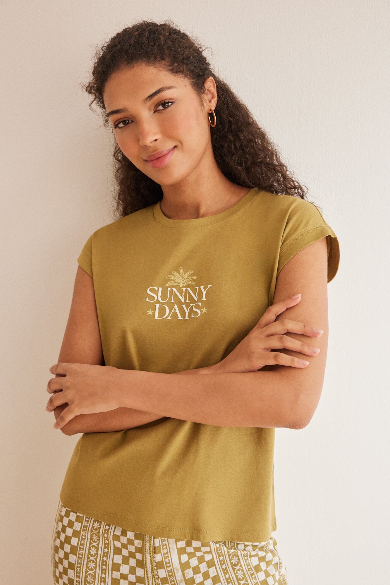 Light Khaki Short Sleeves Capri Pant Pyjama_3597367_93_04
