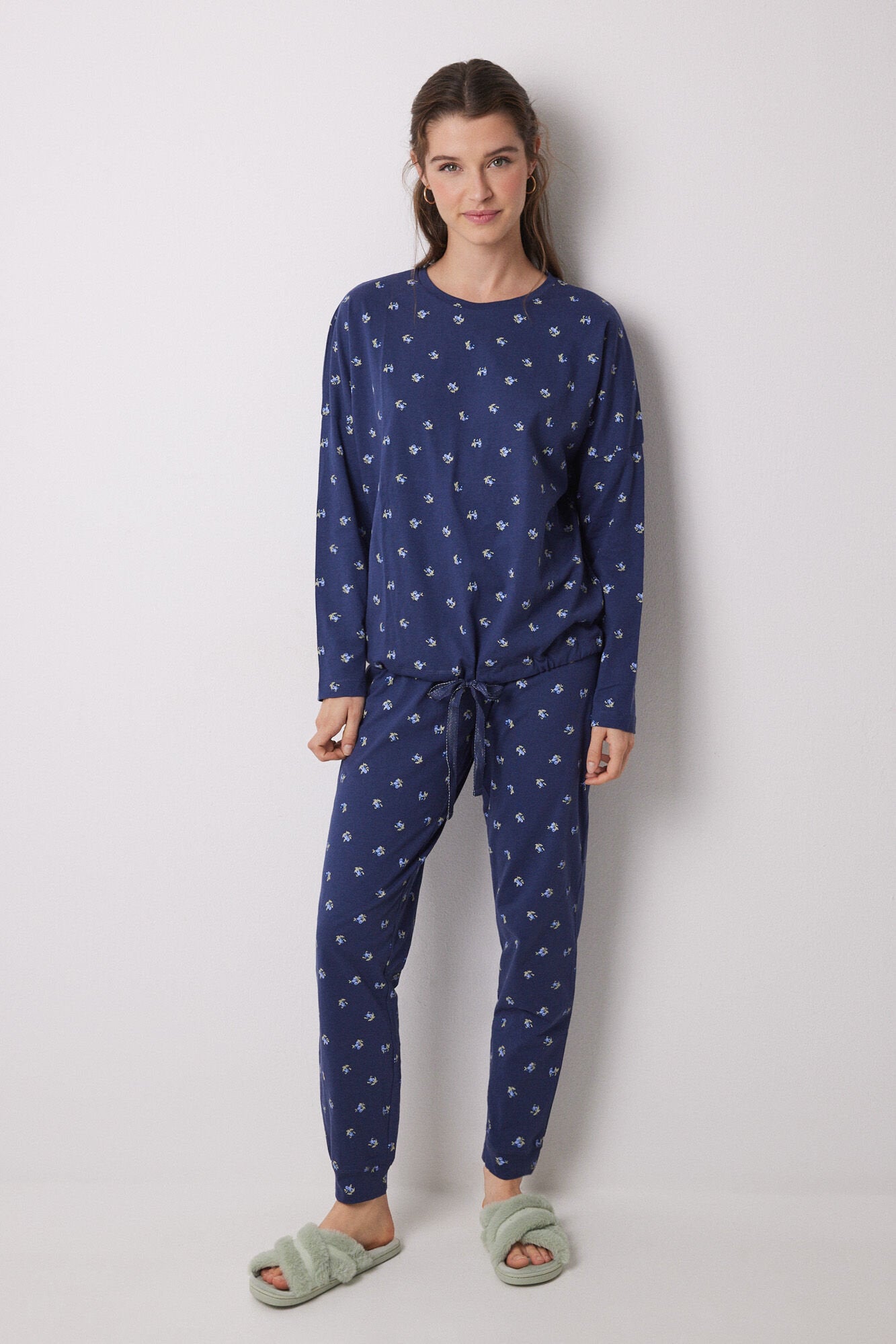 Women Secret_Long 100% Cotton Pajamas with Blue Flowers_3599154_12_02