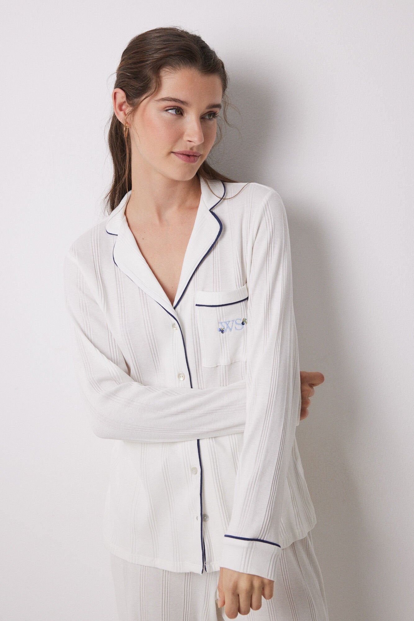 Women Secret_100% Cotton White Ribbed Shirt Pajamas_3599155_96_01