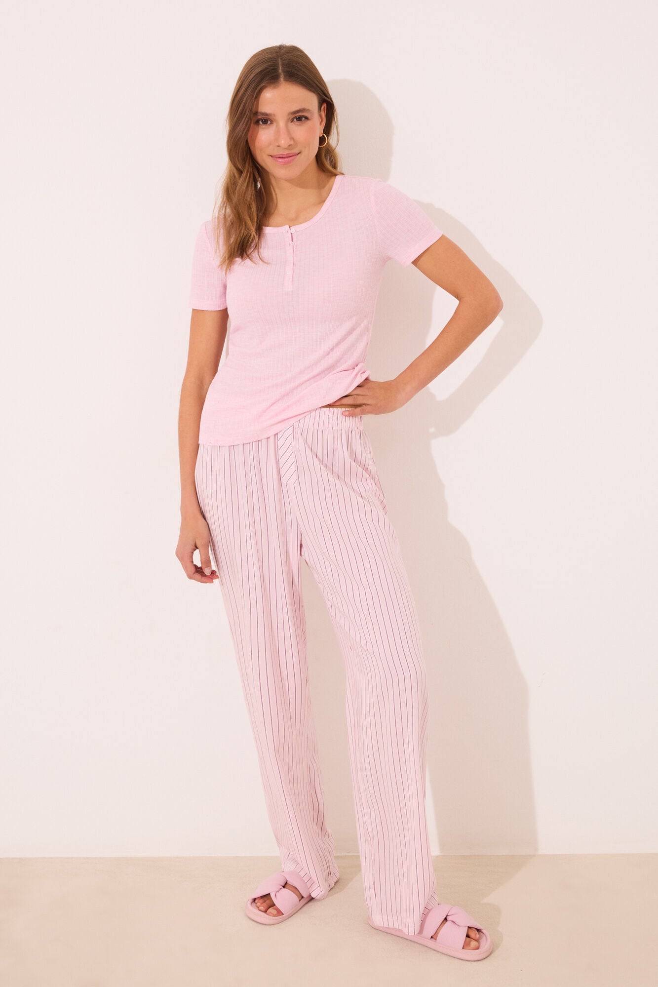 Women Secret_Pink Striped Ribbed Viscose Pyjamas_3599186_71_01