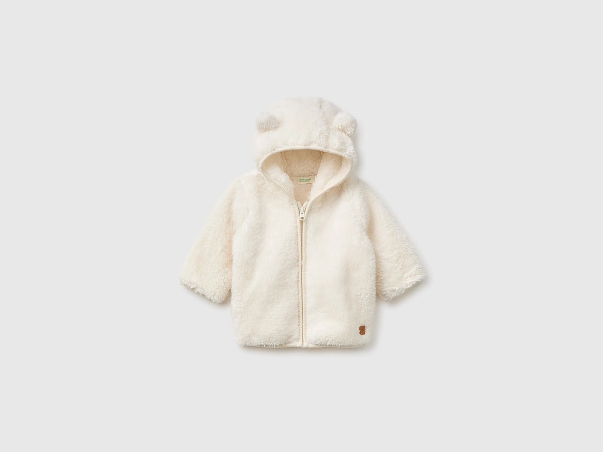 Benetton Creamy White New Born Teddy Bear-Effect Sweatshirt SKU: 36BTA501T_0R2 Image 01
