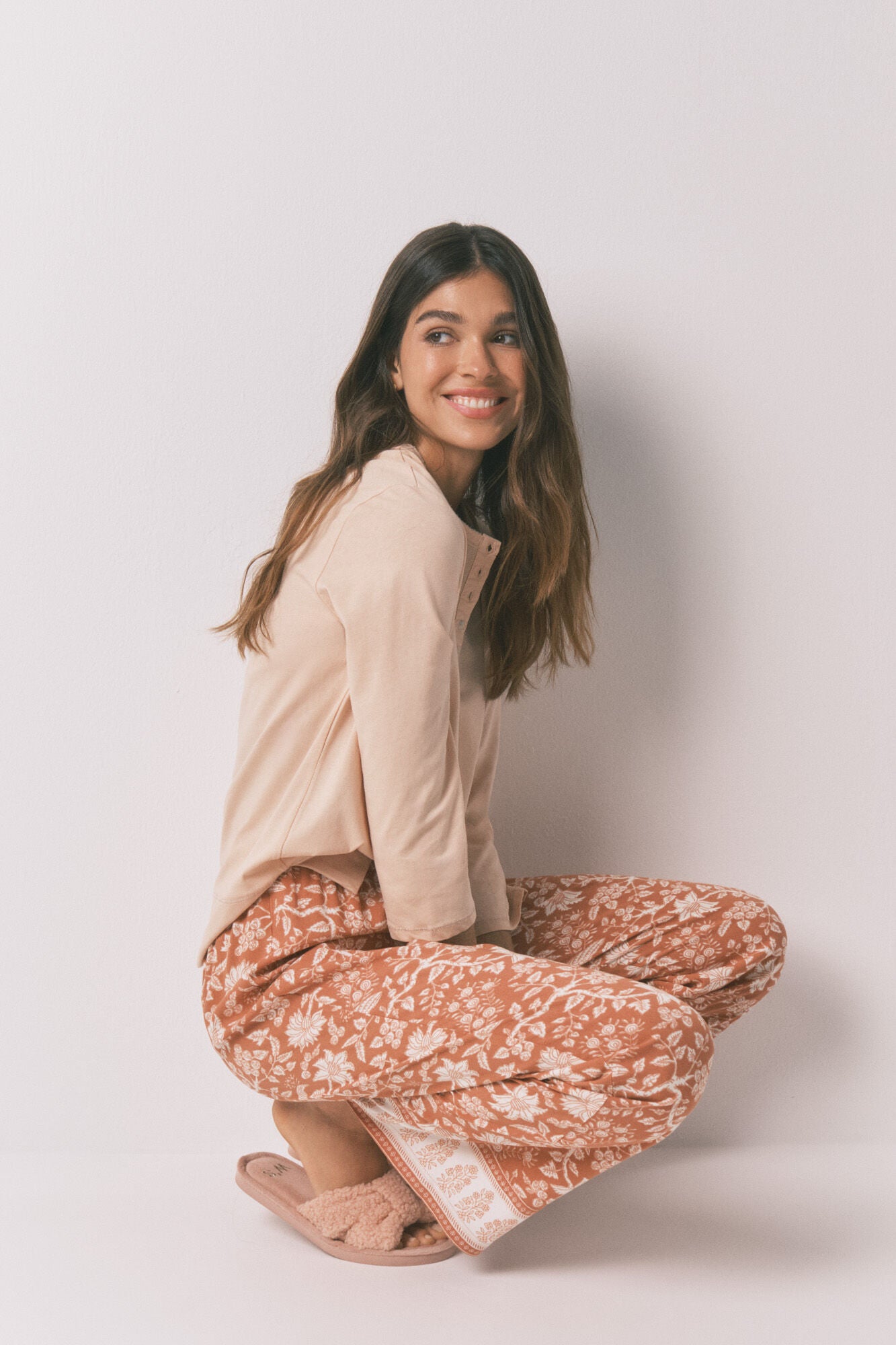 Women Secret_Orange_Long Orange Floral Viscose Trouser_3702258_65_01