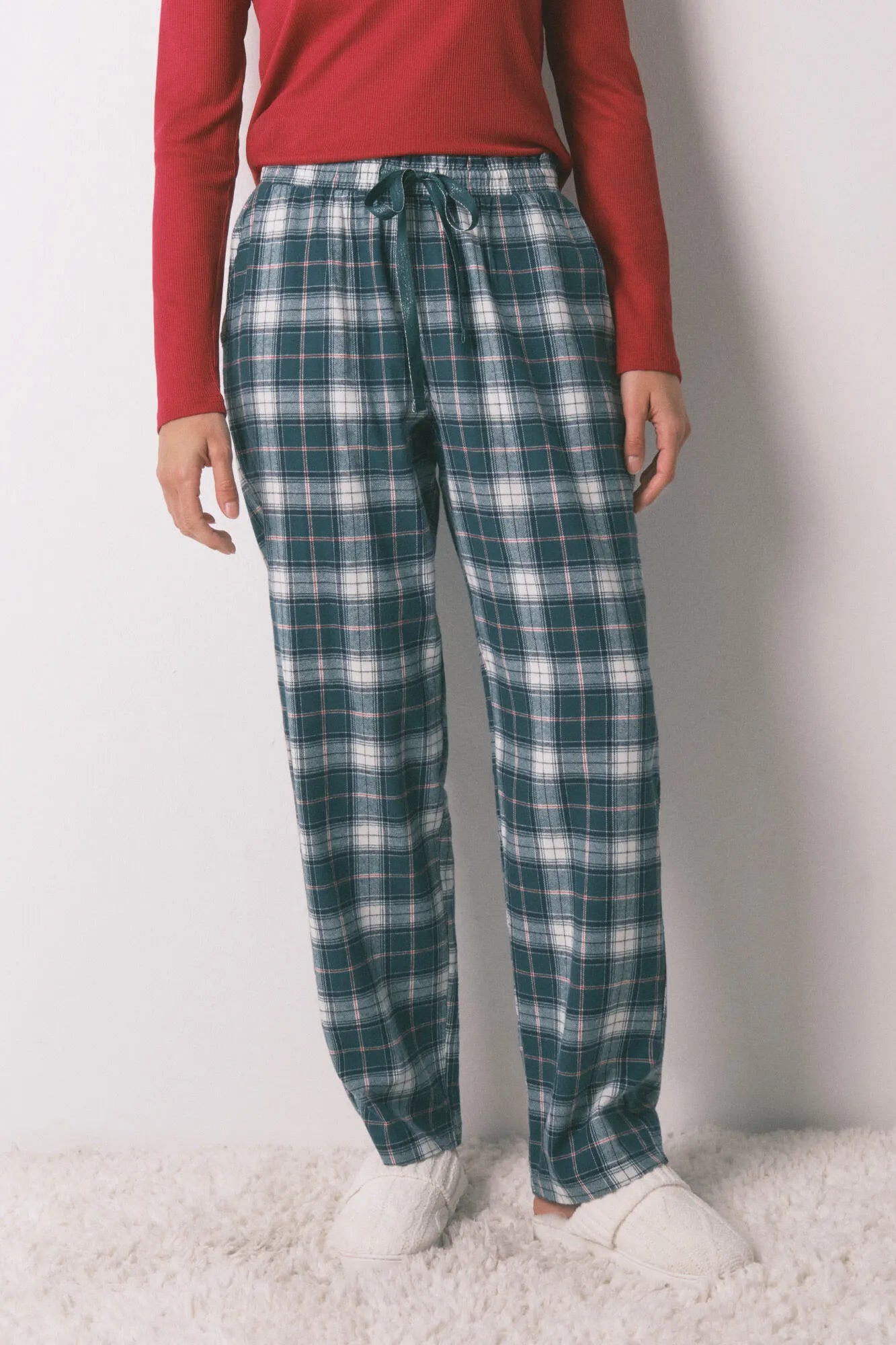 Women Secret_Green Print_Green Plaid 100% Cotton Flannel Long Trousers_3702291_29_03