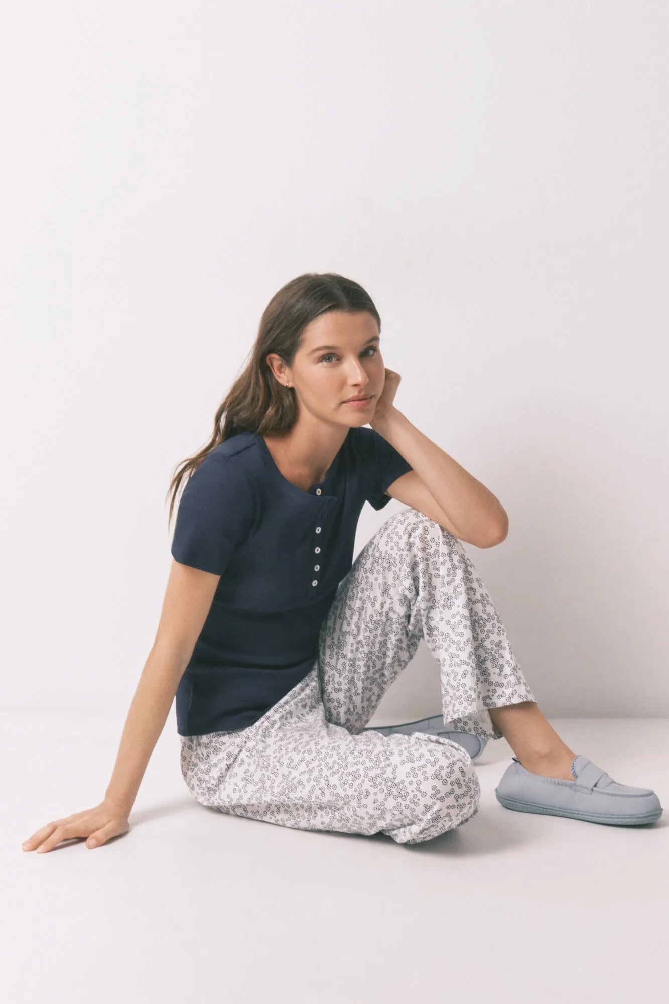 Women Secret_Blue Print_Floral Print Cotton Long Trousers_3703229_19_01