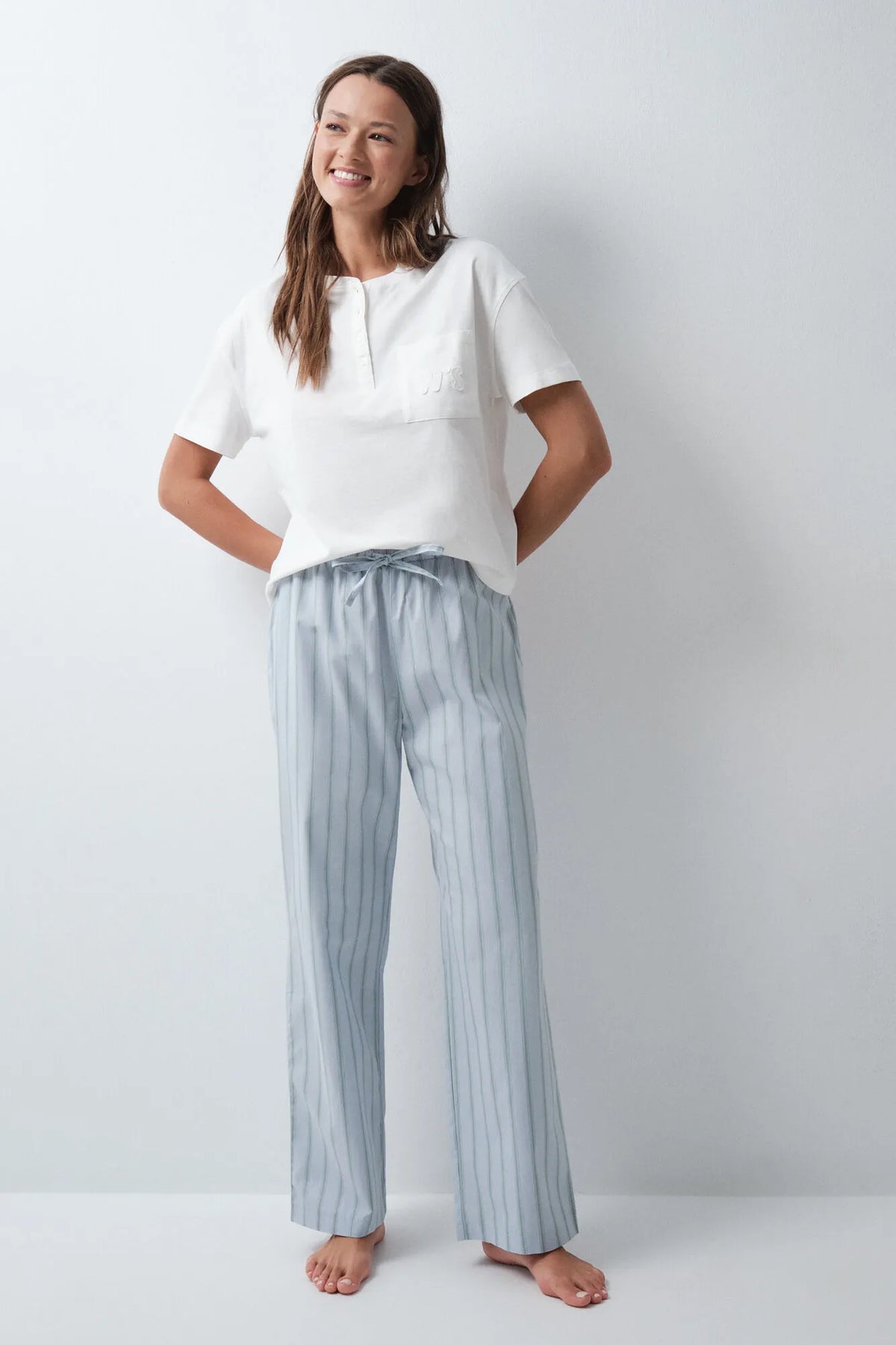 Women Secret Blue Print Women Blue Striped Long Trousers SKU: 3704546_19 Image 01