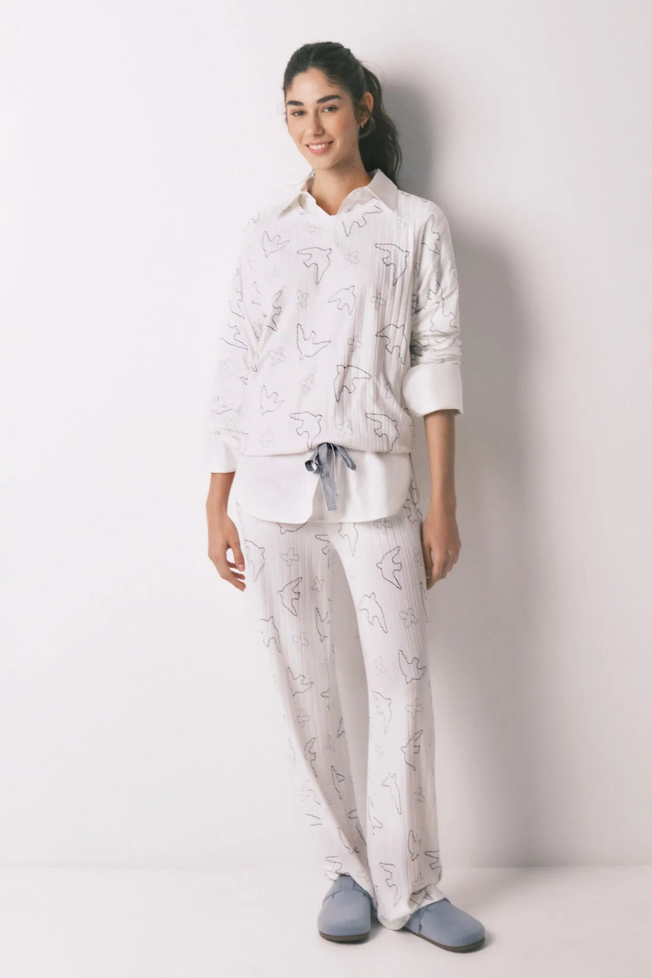 Women Secret_White Print_Blue Ribbed Bird Print Long Pyjamas_3793063_97_02