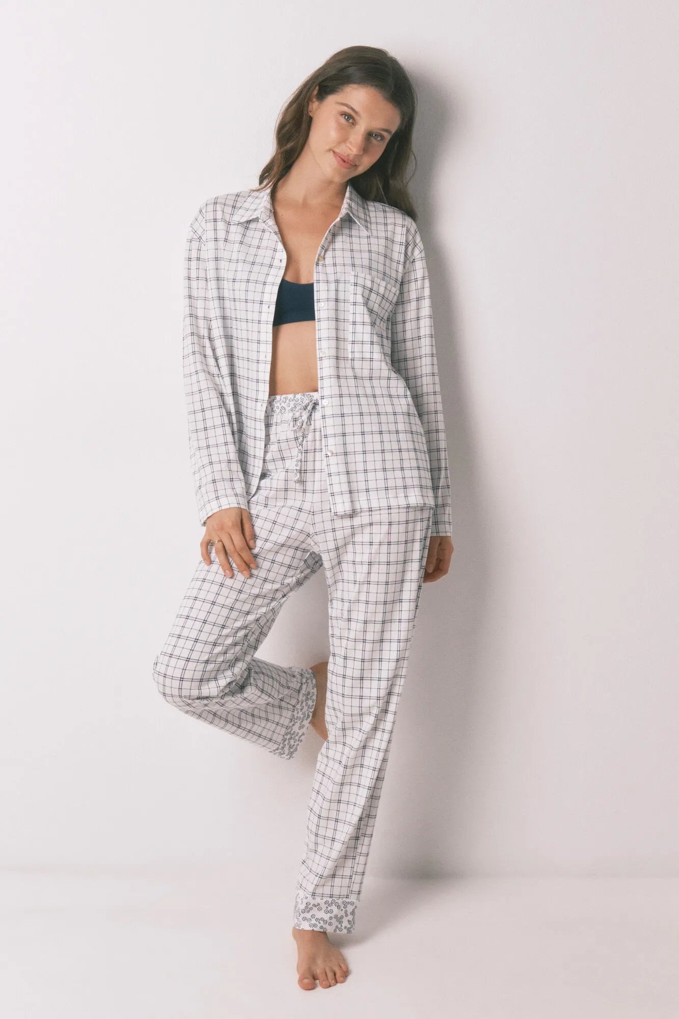 Women Secret_White Print_Blue Cotton Plaid Classic Pyjamas_3793068_97_02