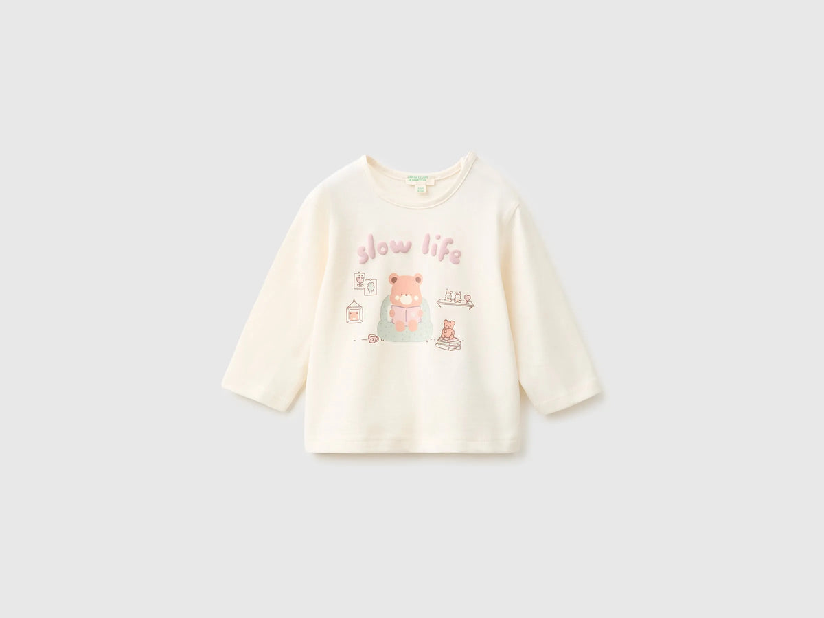 Benetton Creamy White Girl Organic Cotton Printed T-Shirt SKU: 3ATNA107H_0R2 Image 01