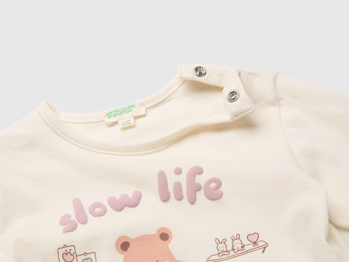 Benetton Creamy White Girl Organic Cotton Printed T-Shirt SKU: 3ATNA107H_0R2 Image 03