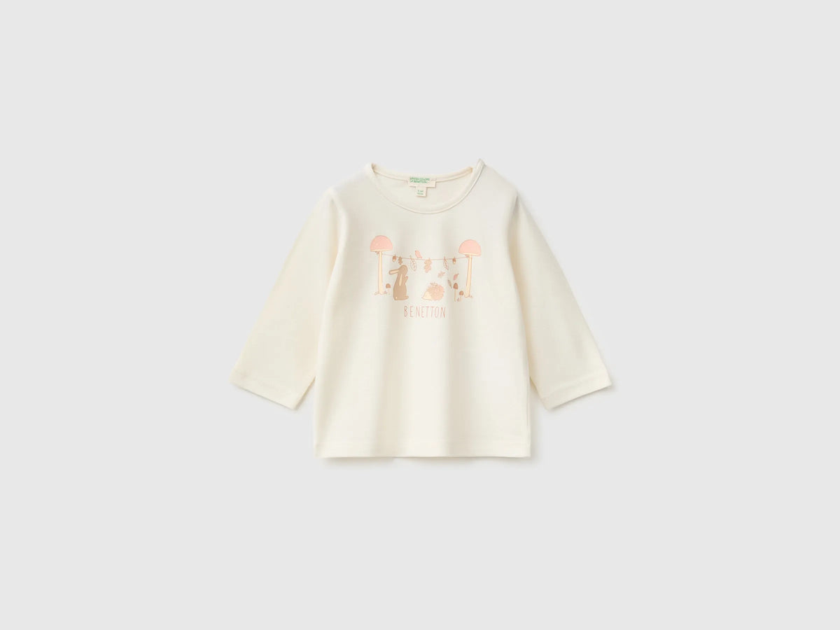 Benetton Creamy White Girl Organic Cotton Printed T-Shirt SKU: 3ATNA107I_0R2 Image 01