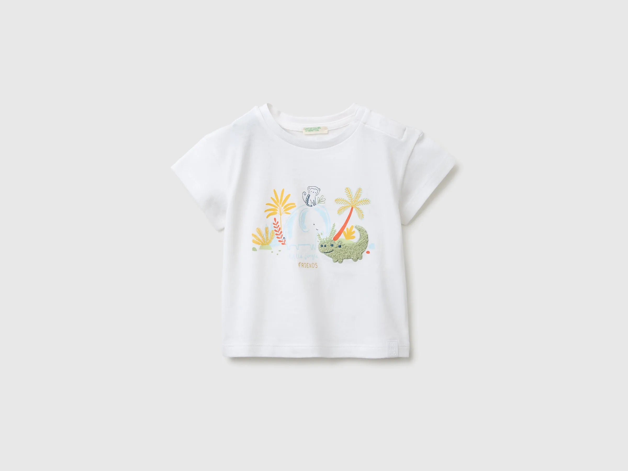 Benetton White Baby T-Shirt with Print and Embroidery SKU: 3I1XA1079_101 Image 01