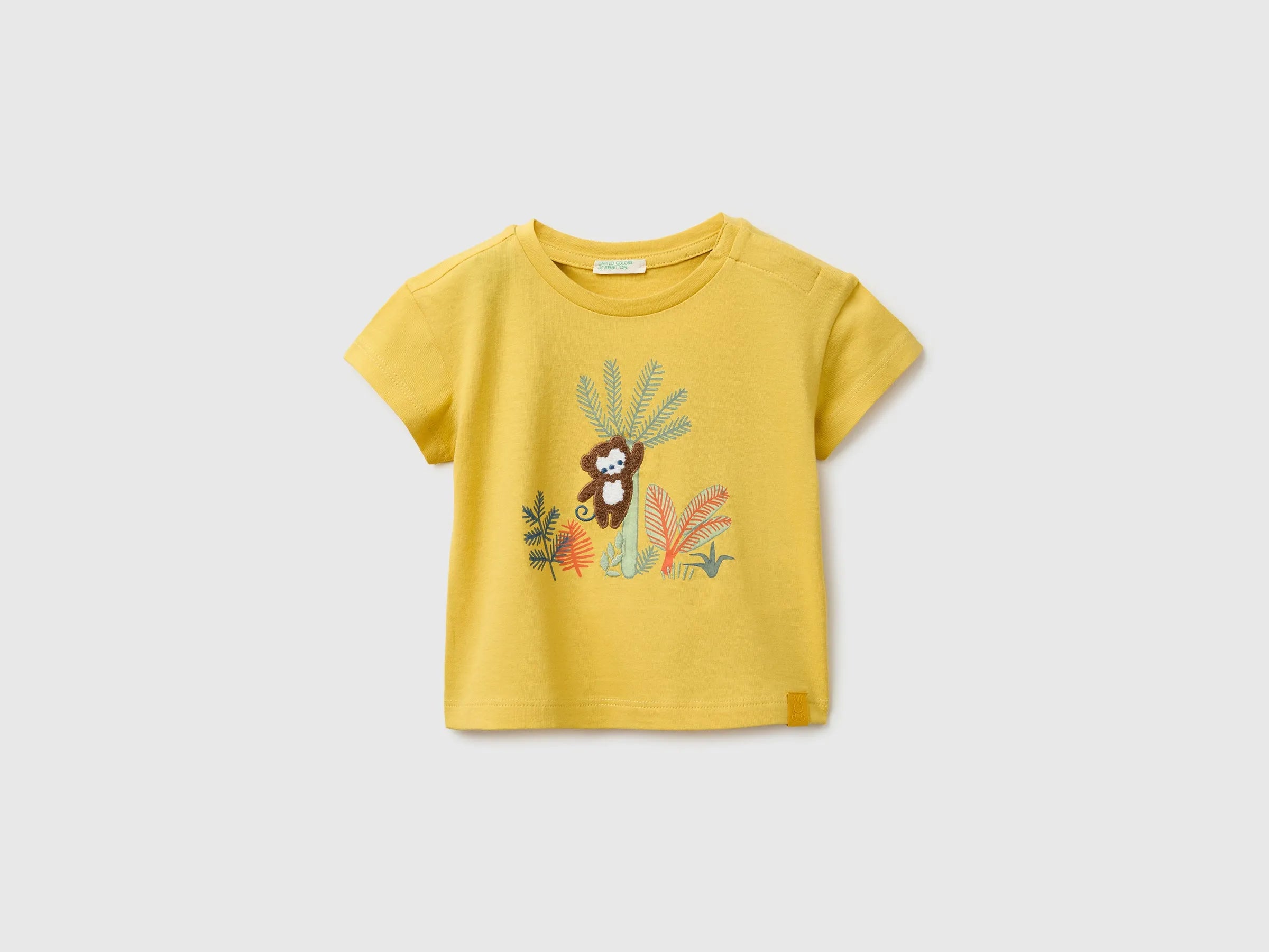 Benetton Yellow Baby T-Shirt with Print and Embroidery SKU: 3I1XA1079_22R Image 01