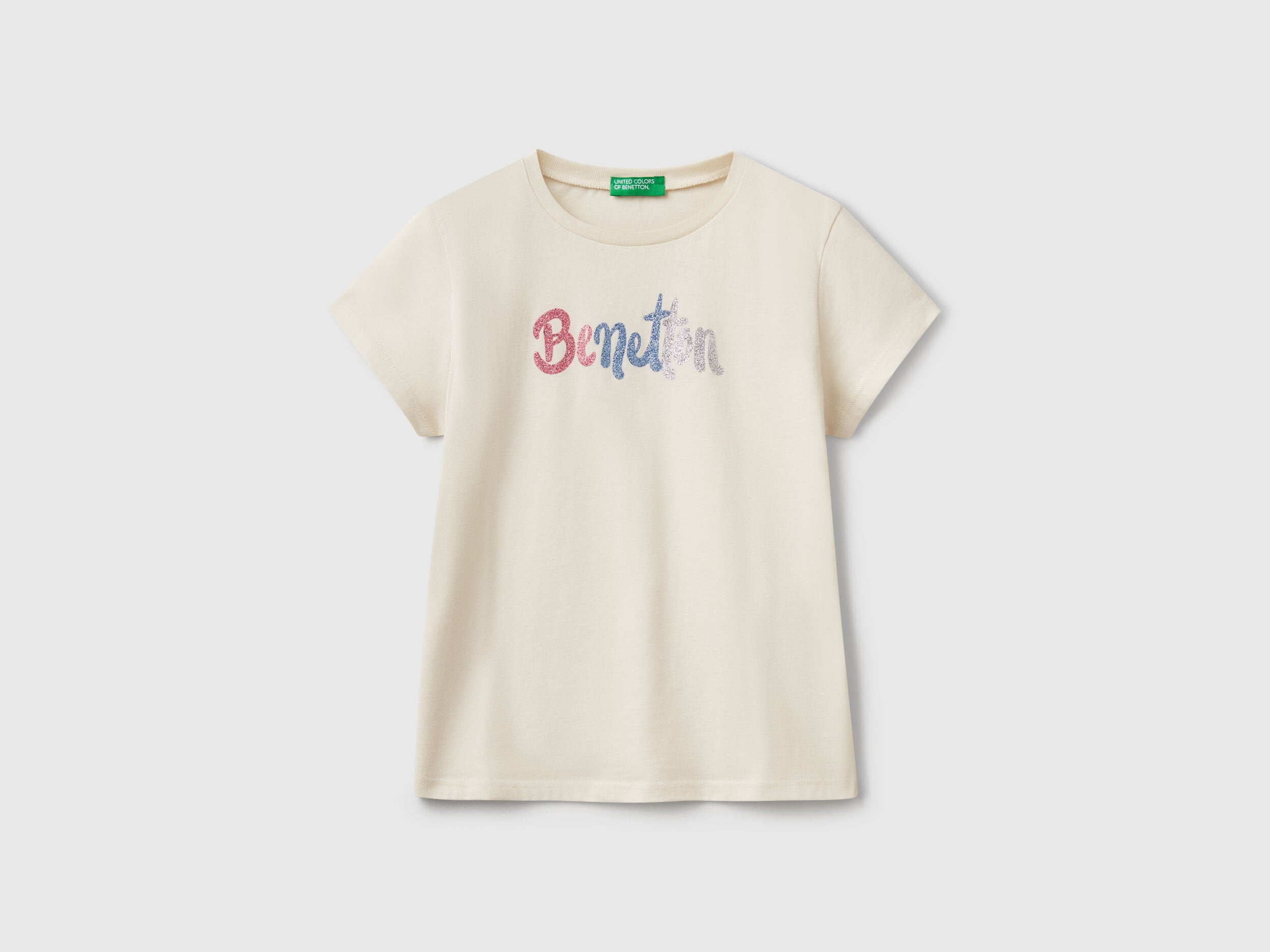 Benetton_T-Shirt with Glittery Logo in Cotton_3I1XC10MZ_00V_01