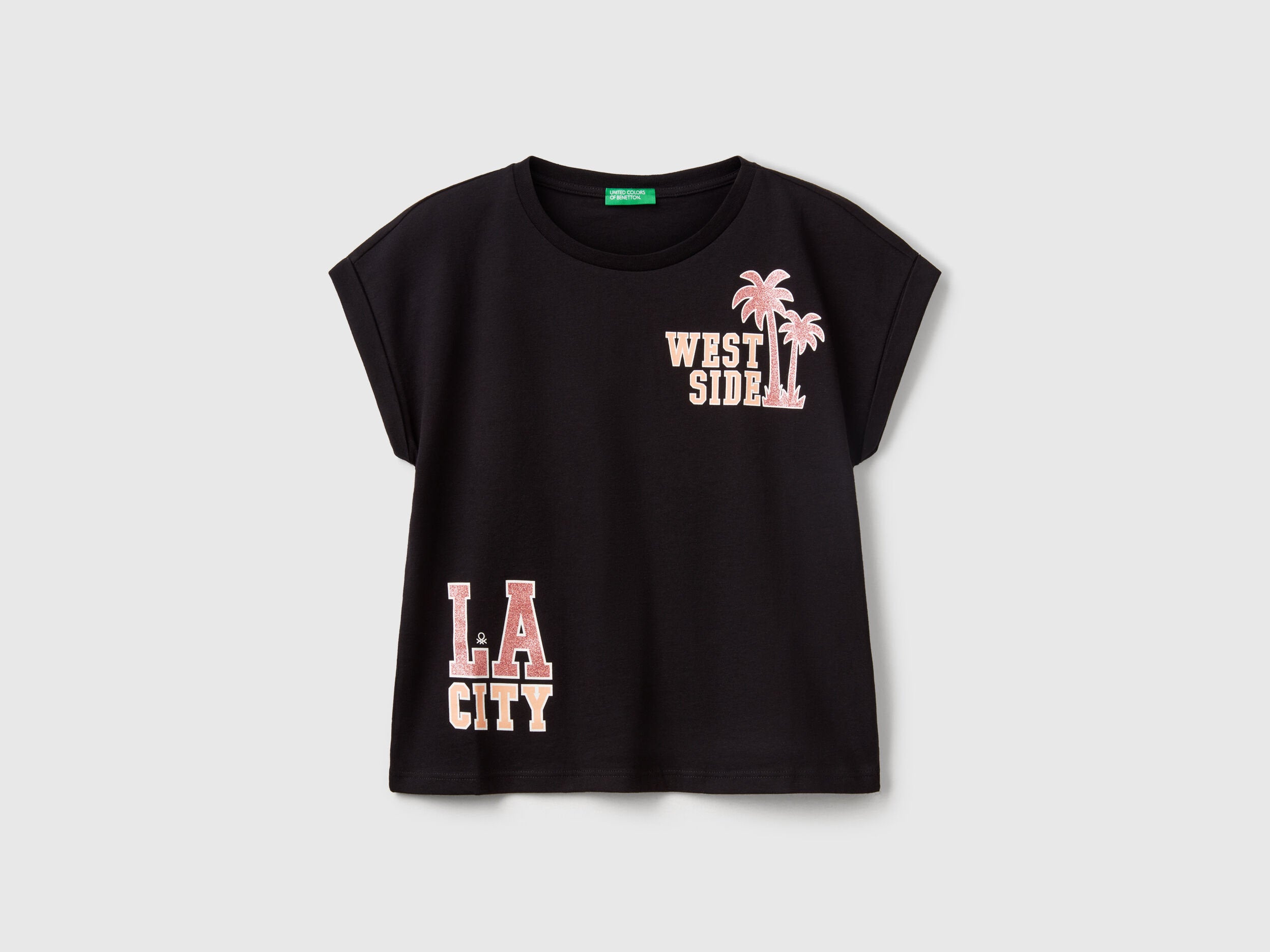 Benetton_Boxy Fit T-Shirt with Print and Glitter_3I1XC10NZ_100_01