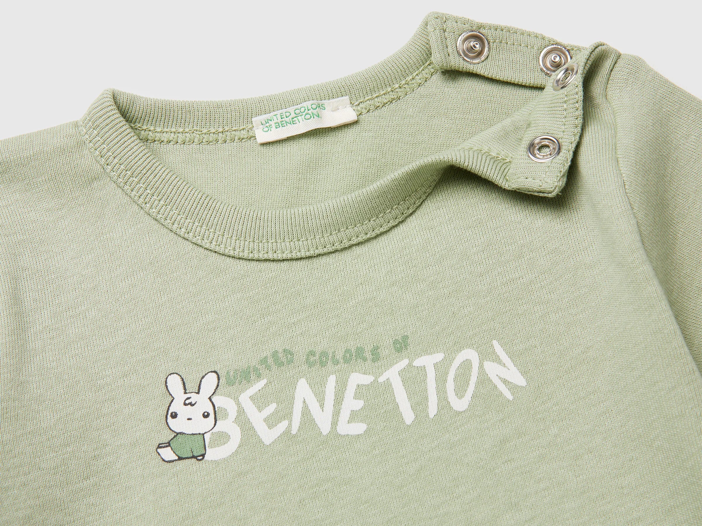 Benetton Light Green New Born Logo Print T-Shirt in Organic Cotton SKU: 3I9WA1072_218 Image 03