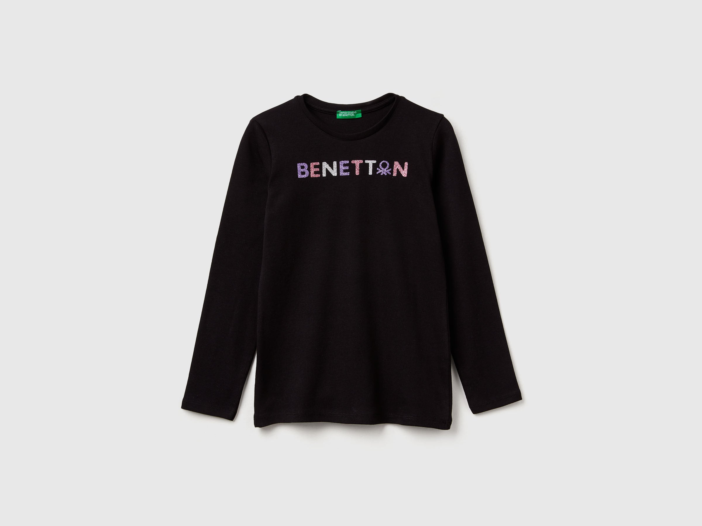 Benetton_Black_Long Sleeve T-Shirt with Glitter Print_3I9WC10JR_100_01
