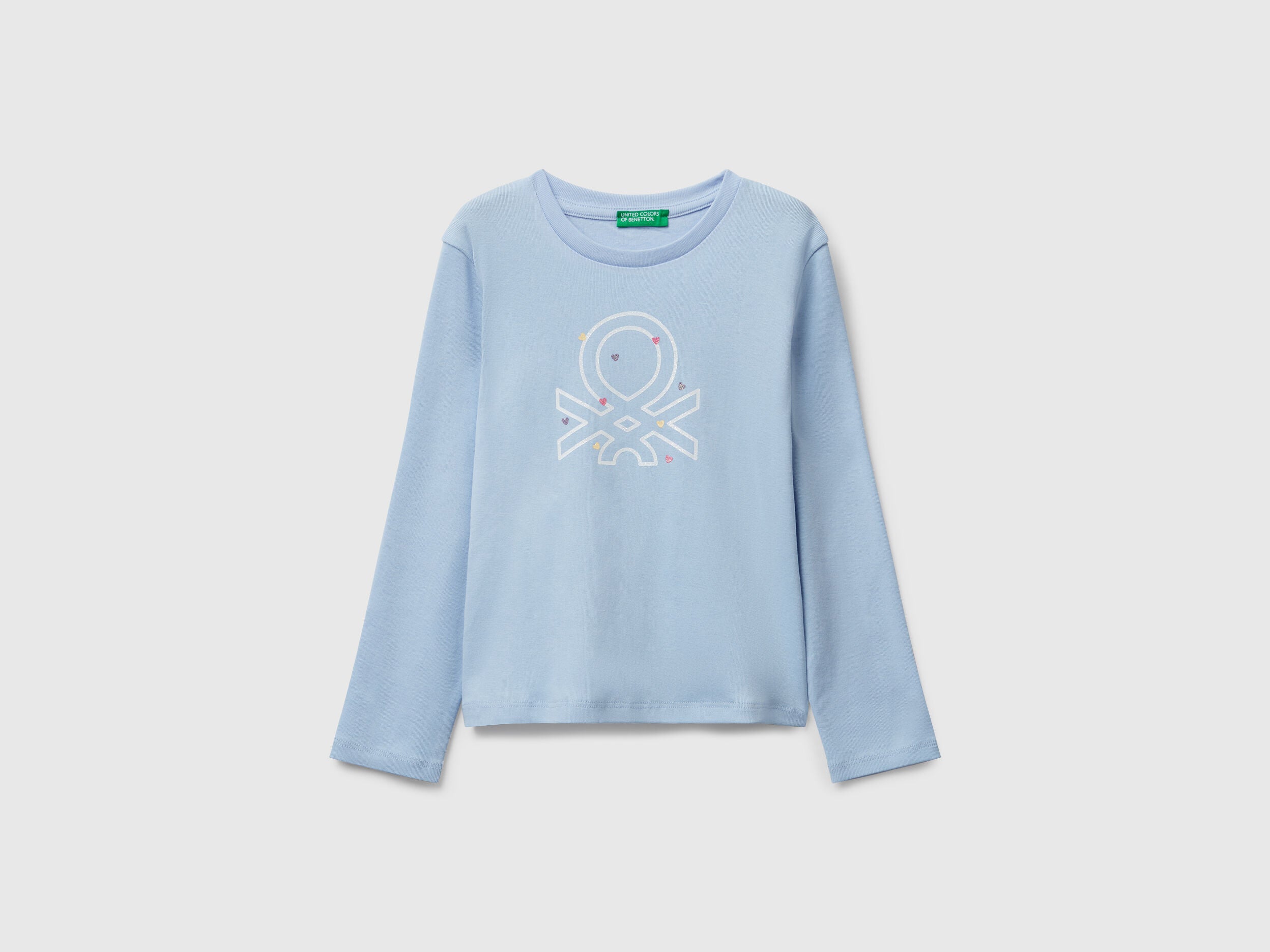 Benetton_Light Blue_T-Shirt with Glittery Logo in Cotton_3I9WG10JS_11Y_01