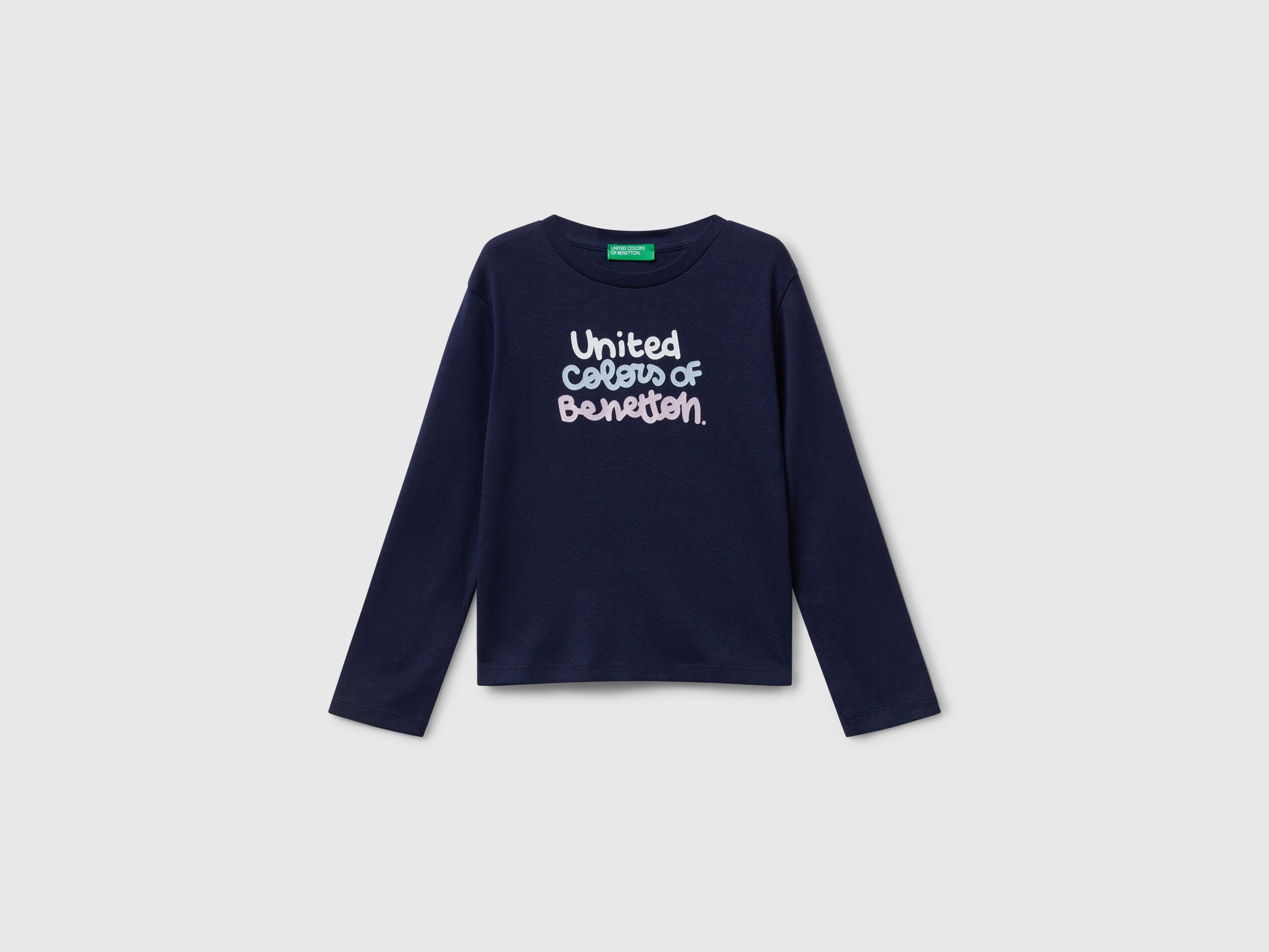 Benetton_Dark Blue_T-Shirt with Glittery Logo in Cotton_3I9WG10JS_252_01