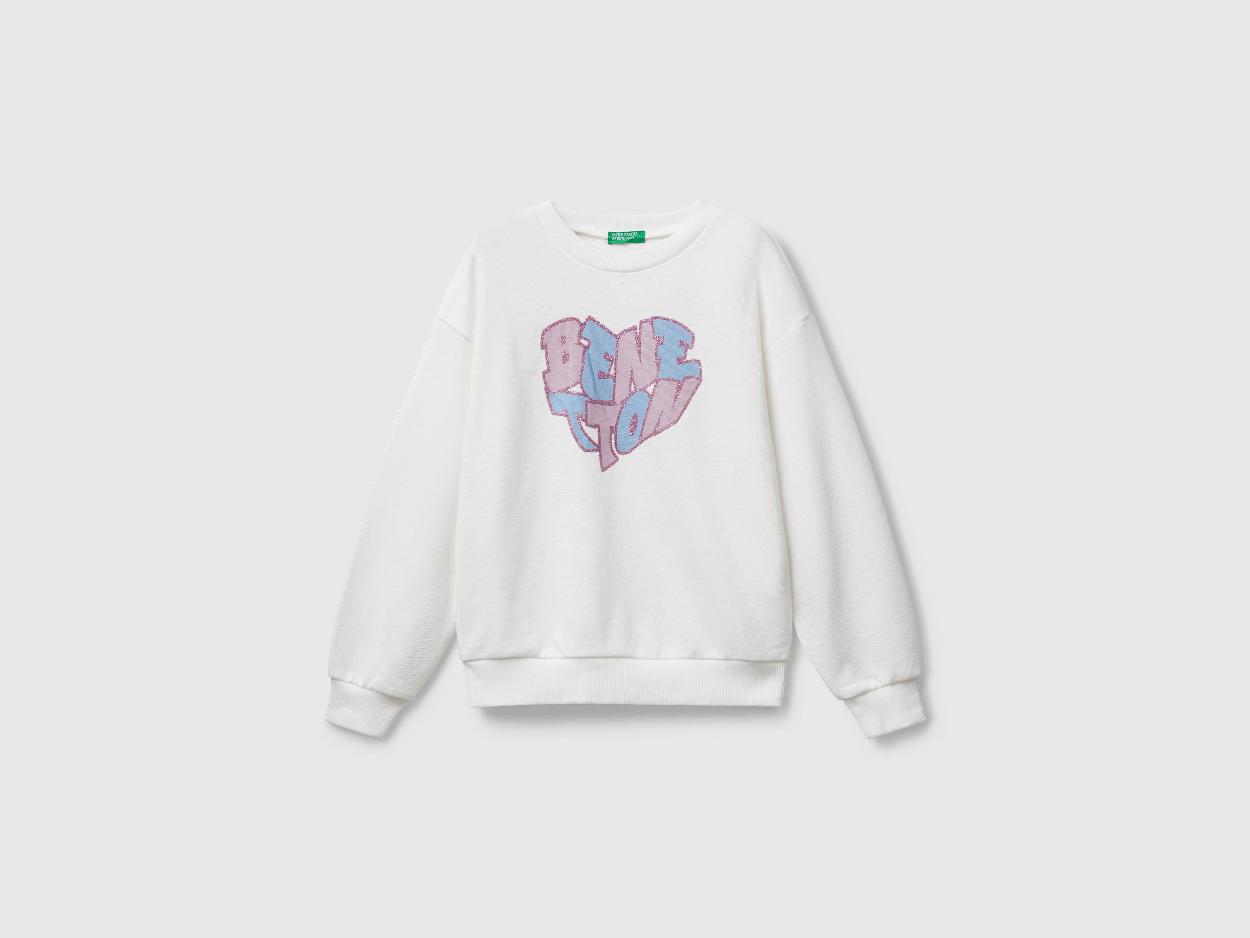 Benetton_Creamy White_Sweatshirt with Glittery Logo Print_3J68C10Q0_074_01