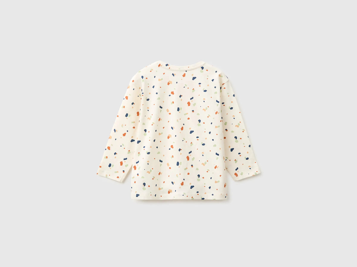 Benetton Creamy White Unisex T-Shirt with Patterned Print in Organic Cotton SKU: 3Q74A107G_901 Image 02
