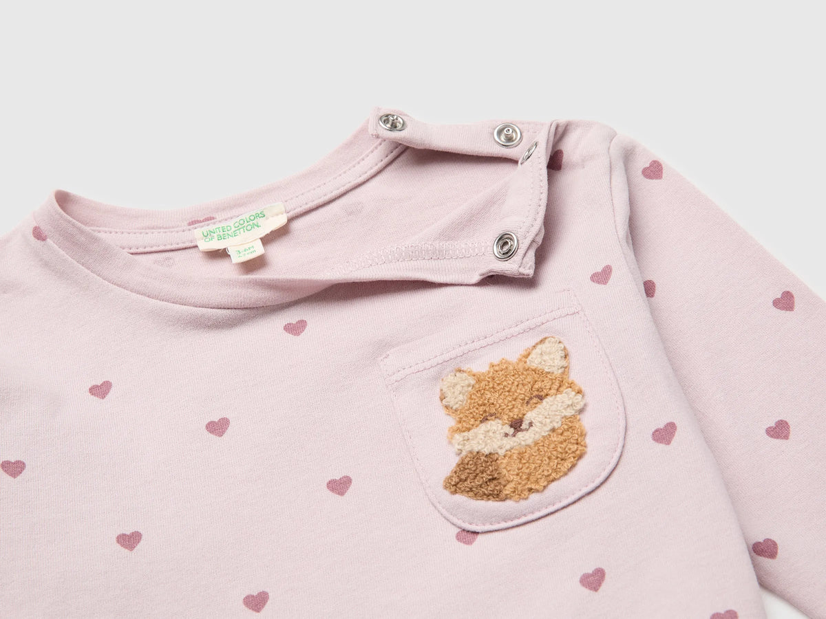 Benetton Soft Pink Girl T-Shirt with Patterned Print in Organic Cotton SKU: 3Q74A107G_904 Image 03