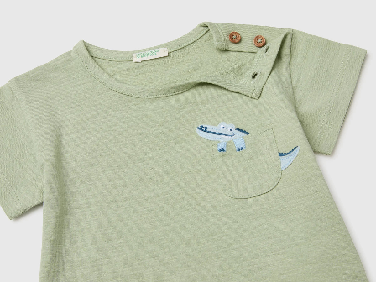 Benetton Green Baby Boy T-Shirt with Pocket and Little Animal SKU: 3SDLA107A_218 Image 03