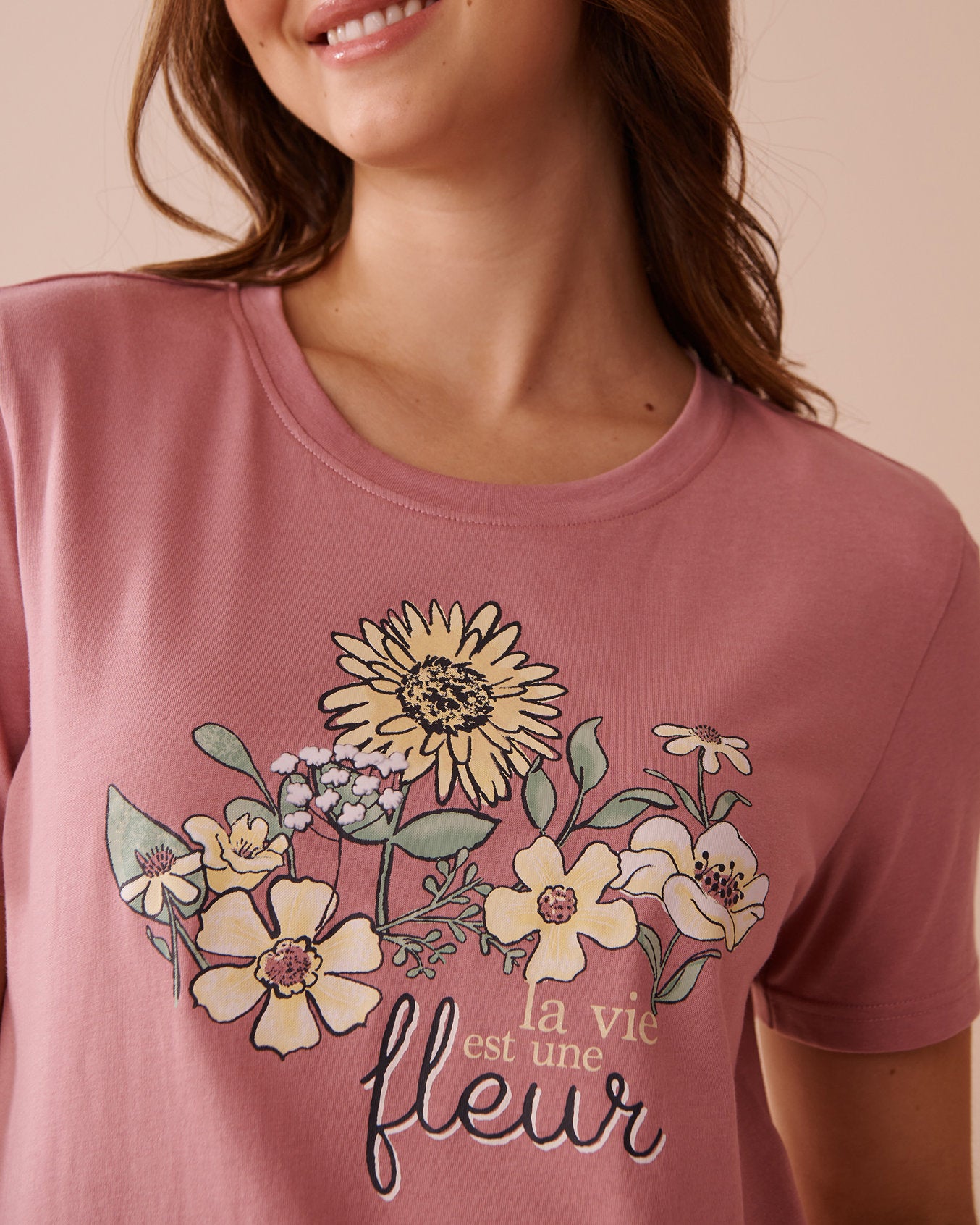La Vie en Rose_Sunflower Print Cotton Crew Neck T-Shirt_40100693_P60347_06