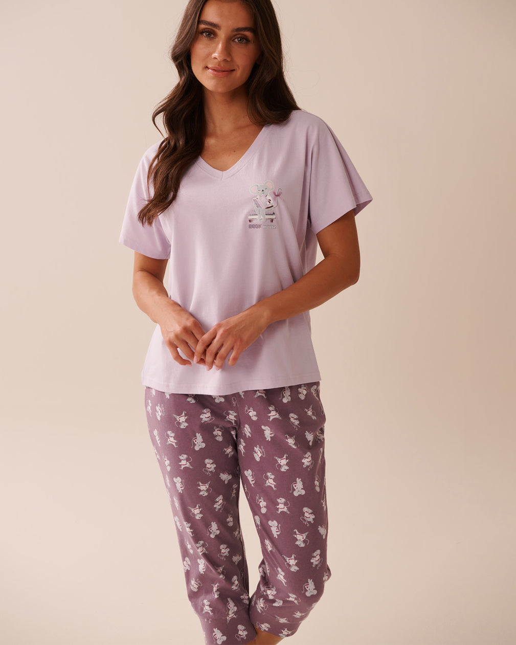 La Vie en Rose_Lavender Frost_Mouse Print Cotton V-neck T-shirt_40100768_50057_01