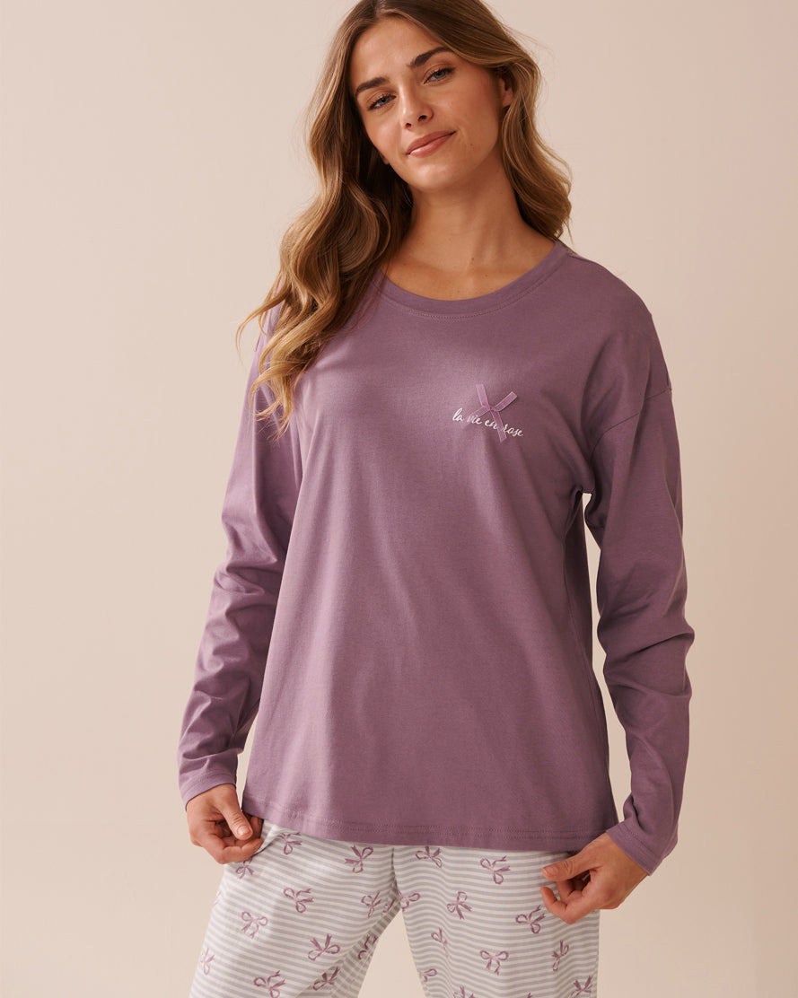 La Vie en Rose_Grapeade_Bow Print Cotton Long Sleeve Shirt_40100769_50058_01
