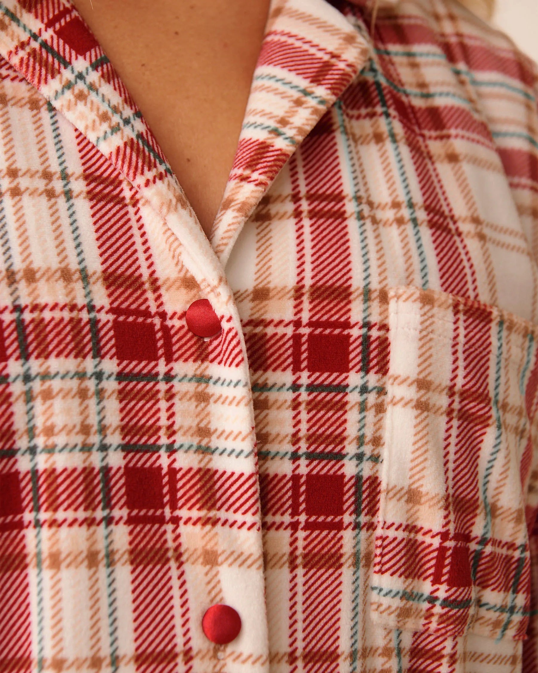 La Vie en Rose_Snow White Beige Plaid_Red & Beige Plaid Soft Velour Button-Down Shirt_40100799_P10556_05