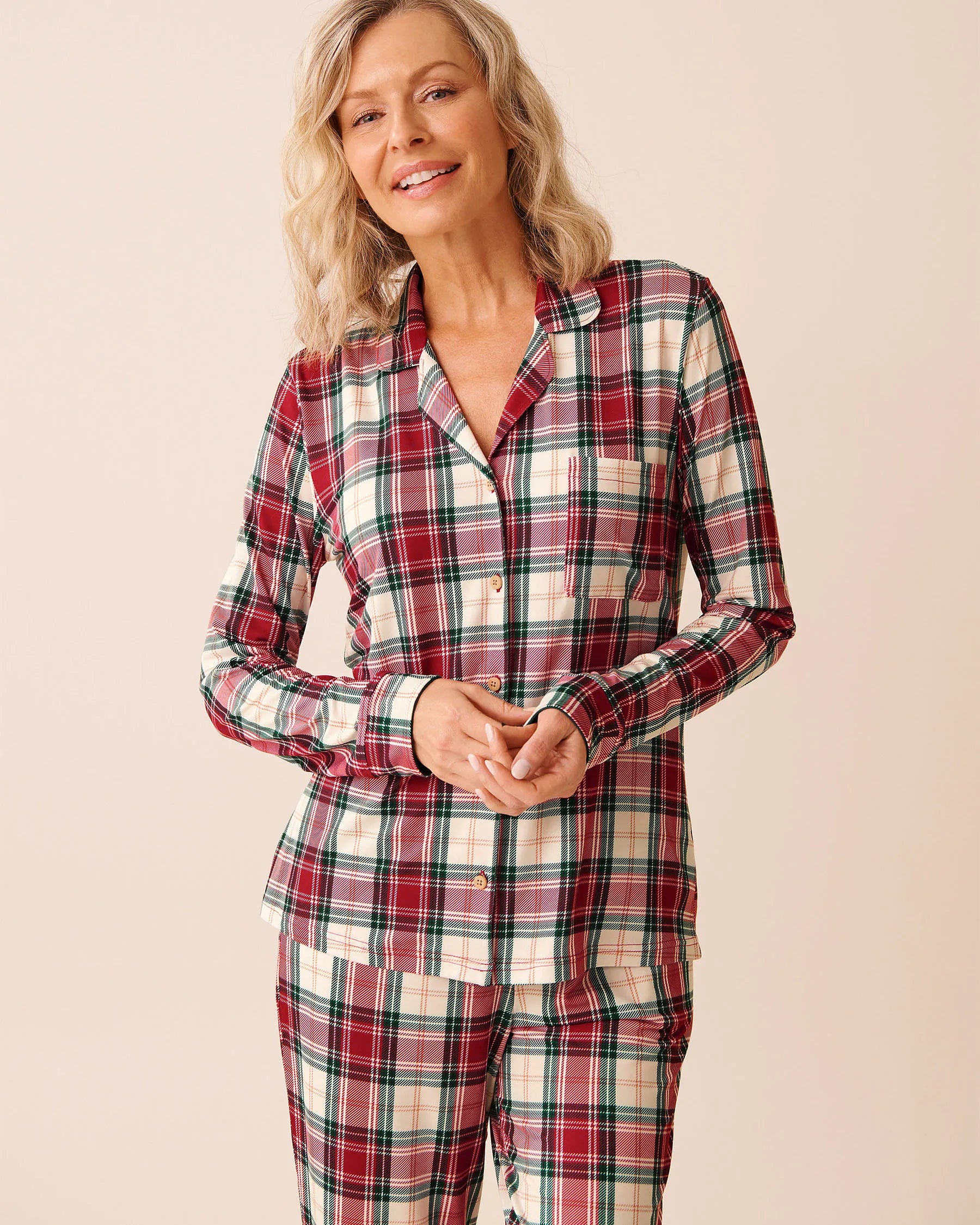 La Vie en Rose_Savvy Red Green Plaid_Red Plaid Super Soft Button-Down Shirt_40100810_P60430_01