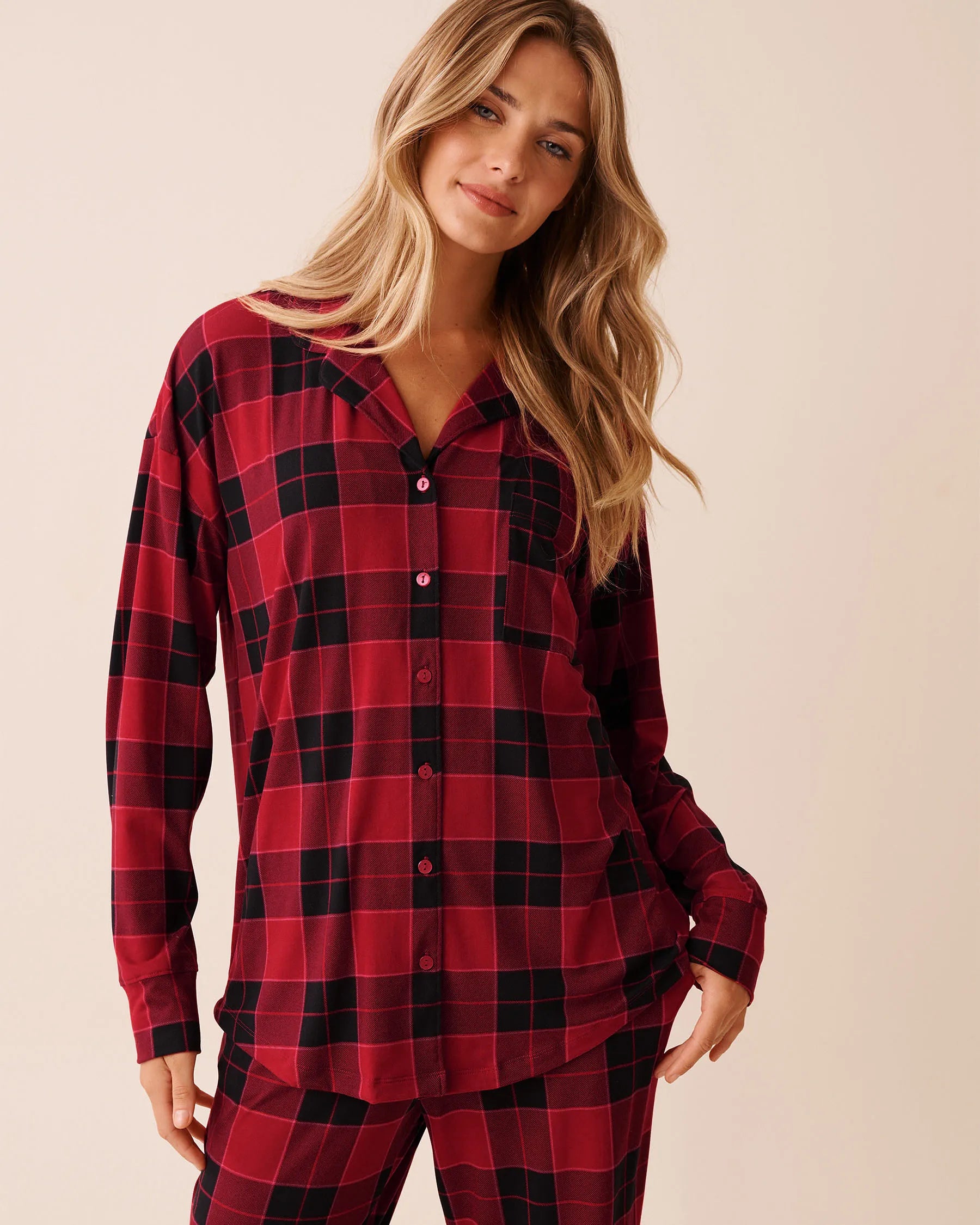 La Vie en Rose_Savvy Red Buffalo Plaid_Buffalo Plaid Super Soft Button-Down Shirt_40100818_P60428_01