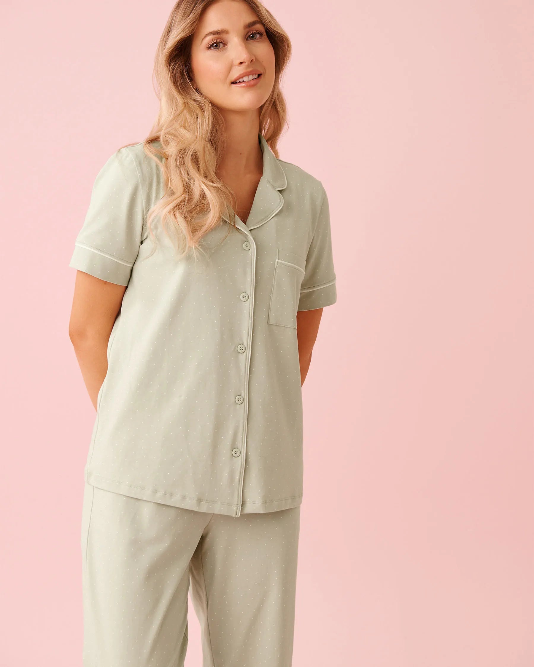 La Vie en Rose Mineral Gray Mini Dot Women Cotton Short Sleeve Button-down Shirt SKU: 40100824_P30144 Image 01