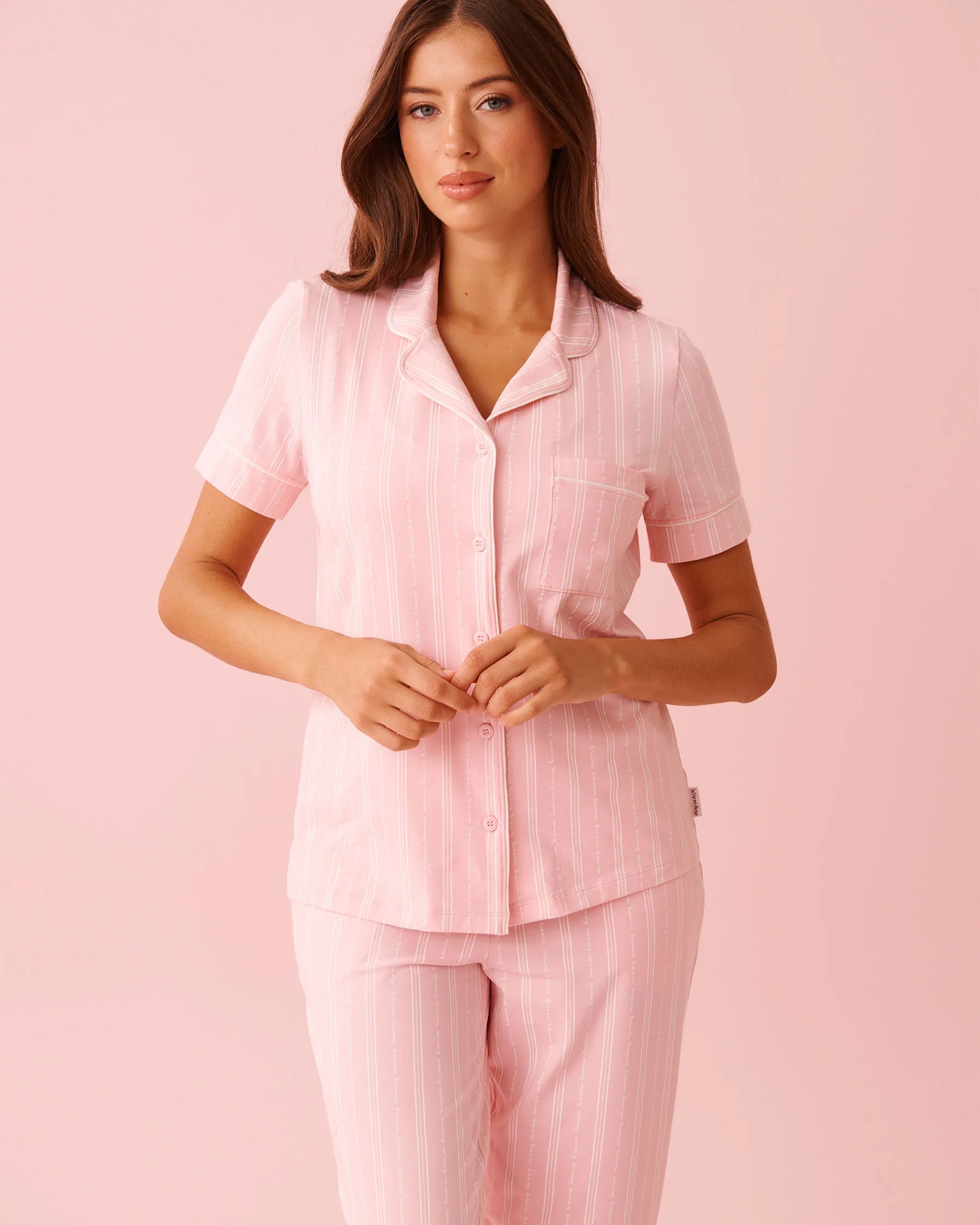 La Vie en Rose Tickled Pink Lver Stripe Women Cotton Short Sleeve Button-down Shirt SKU: 40100824_P60442 Image 01
