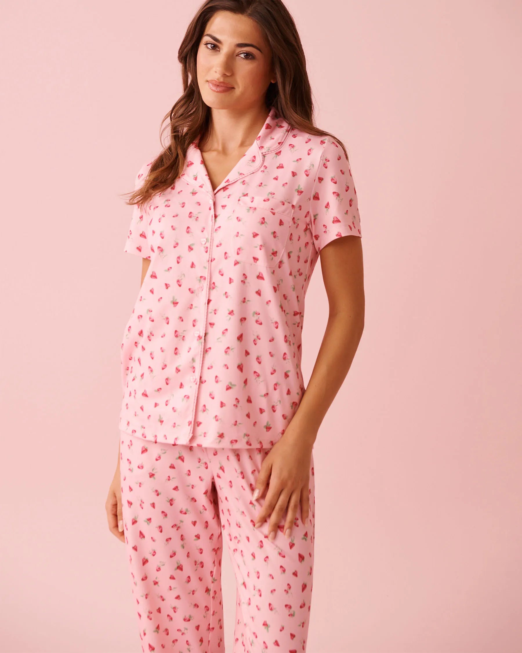 La Vie en Rose_Tickled Pink Strawberry_Spa Time Teddy Print Super Soft Button-down Shirt_40100830_P60440_01