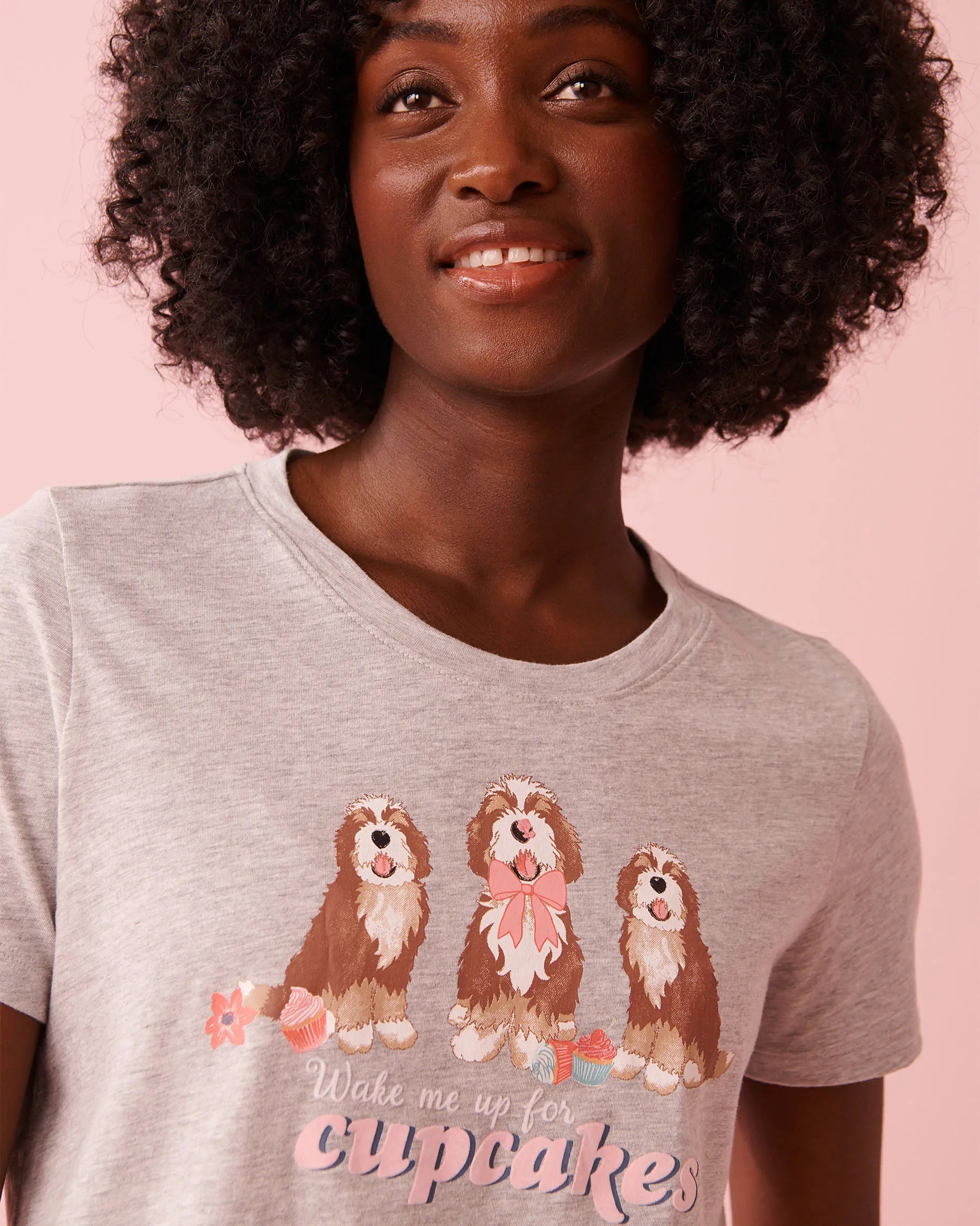 La Vie en Rose Comfy Grey Mix Women Dog & Cupcake Print Cotton Crew Neck T-shirt SKU: 40100836_00007 Image 03