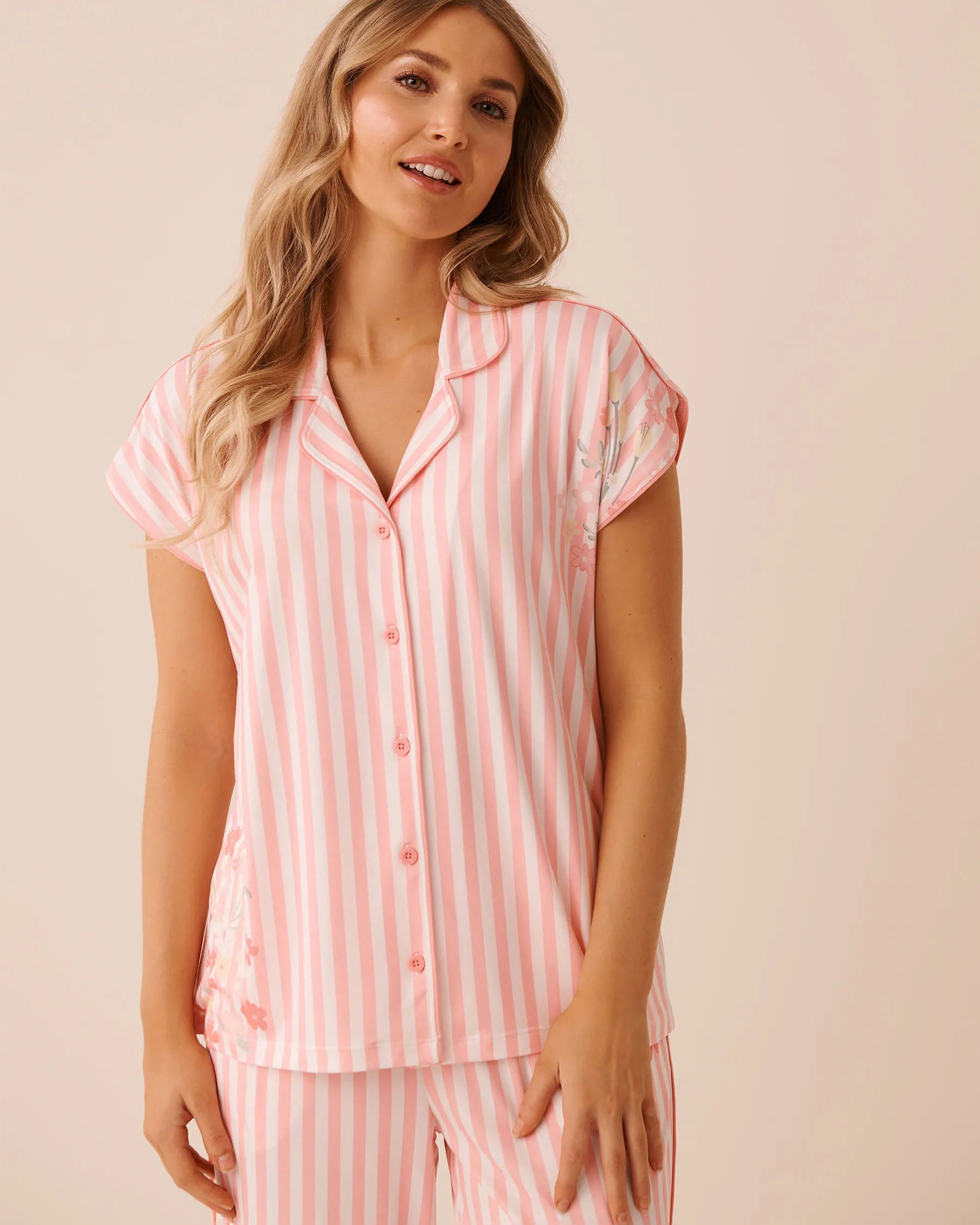 La Vie en Rose Pink Icing Placement Women Floral Stripe Print Super Soft Button-down Shirt SKU: 40100840_P60473 Image 01