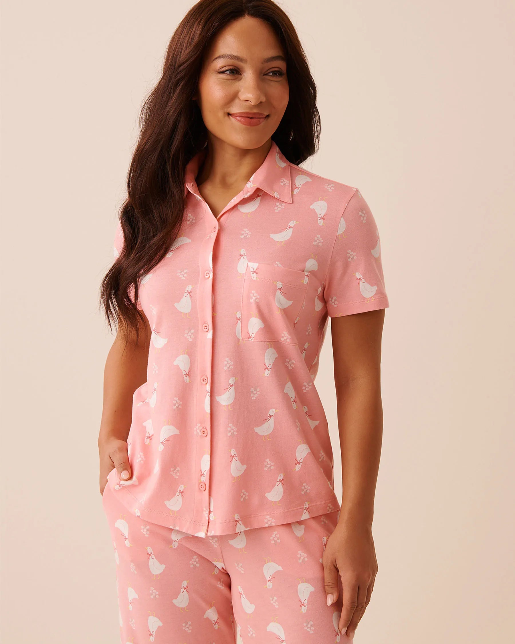 La Vie en Rose Pink Icing Goose Women Goose Print Button-down Shirt SKU: 40100852_P60470 Image 01